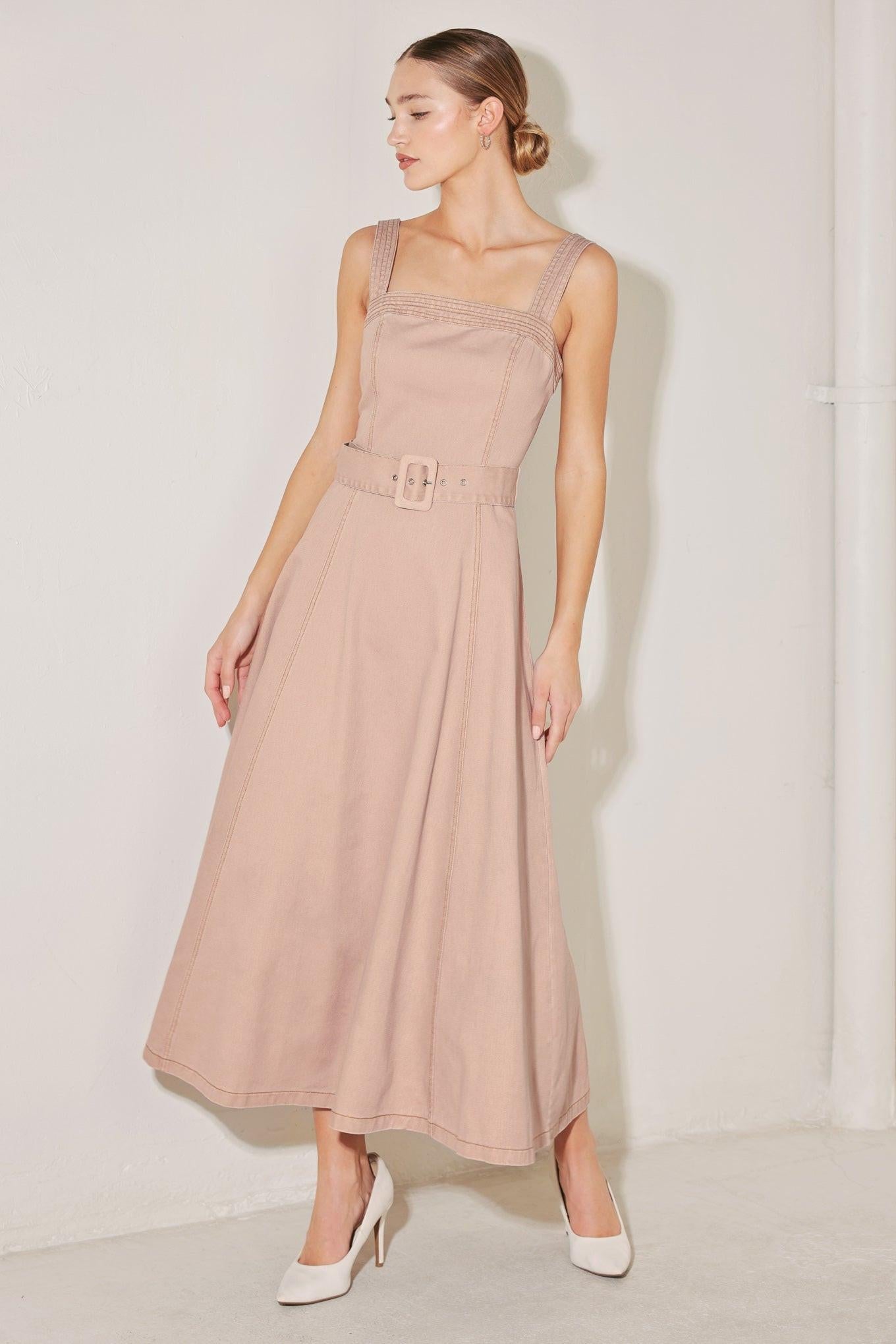 neutral midi dress formal ELEVATED NEUTRAL BLUSH WOVEN MIDI DRESS