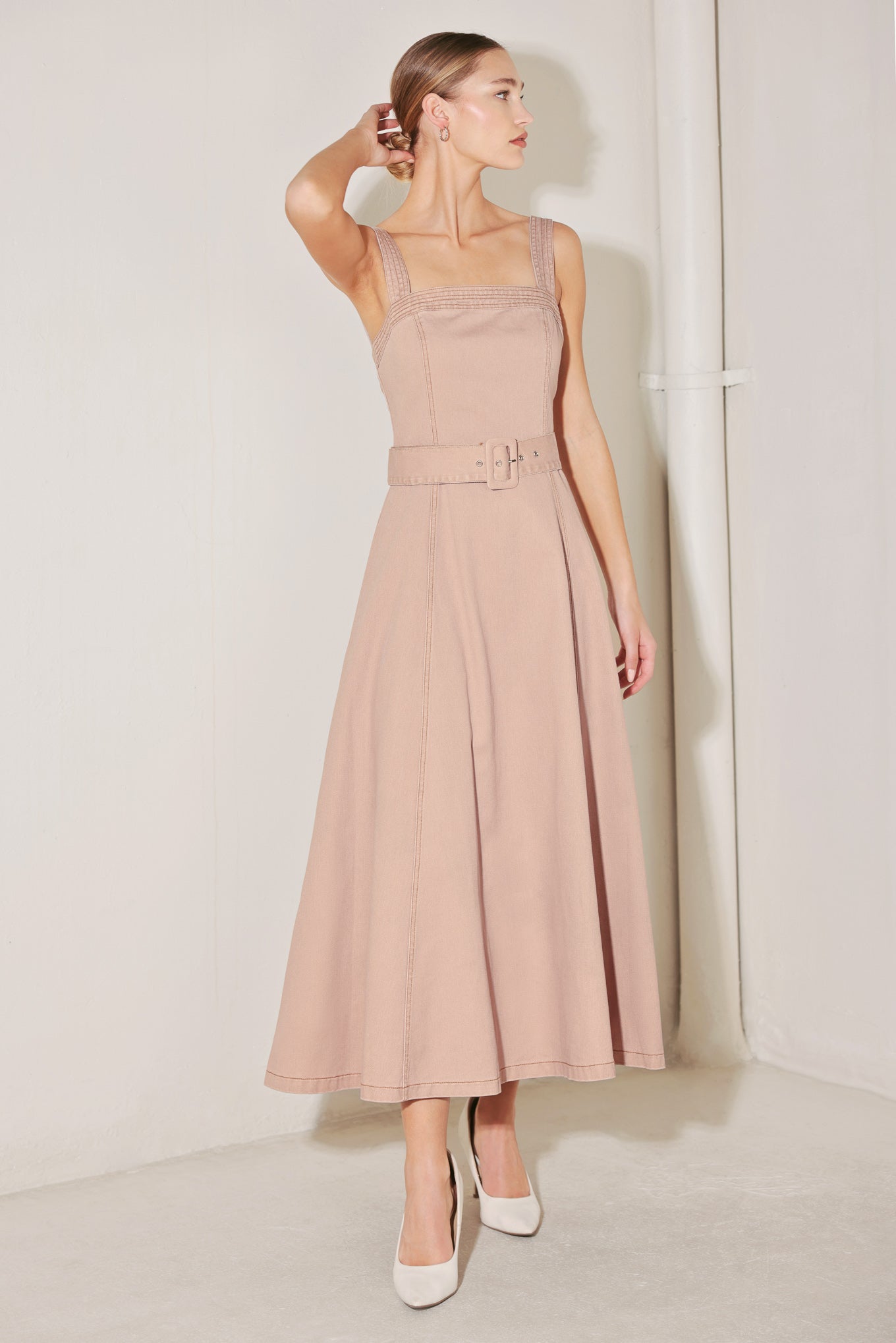 ELEVATED NEUTRAL BLUSH WOVEN MIDI DRESS