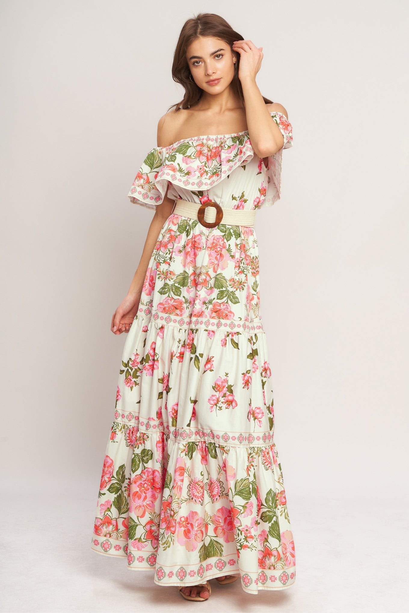 Sweet Escape OFF Shoulder Maxi Dress OFF WHITE/PINK / M