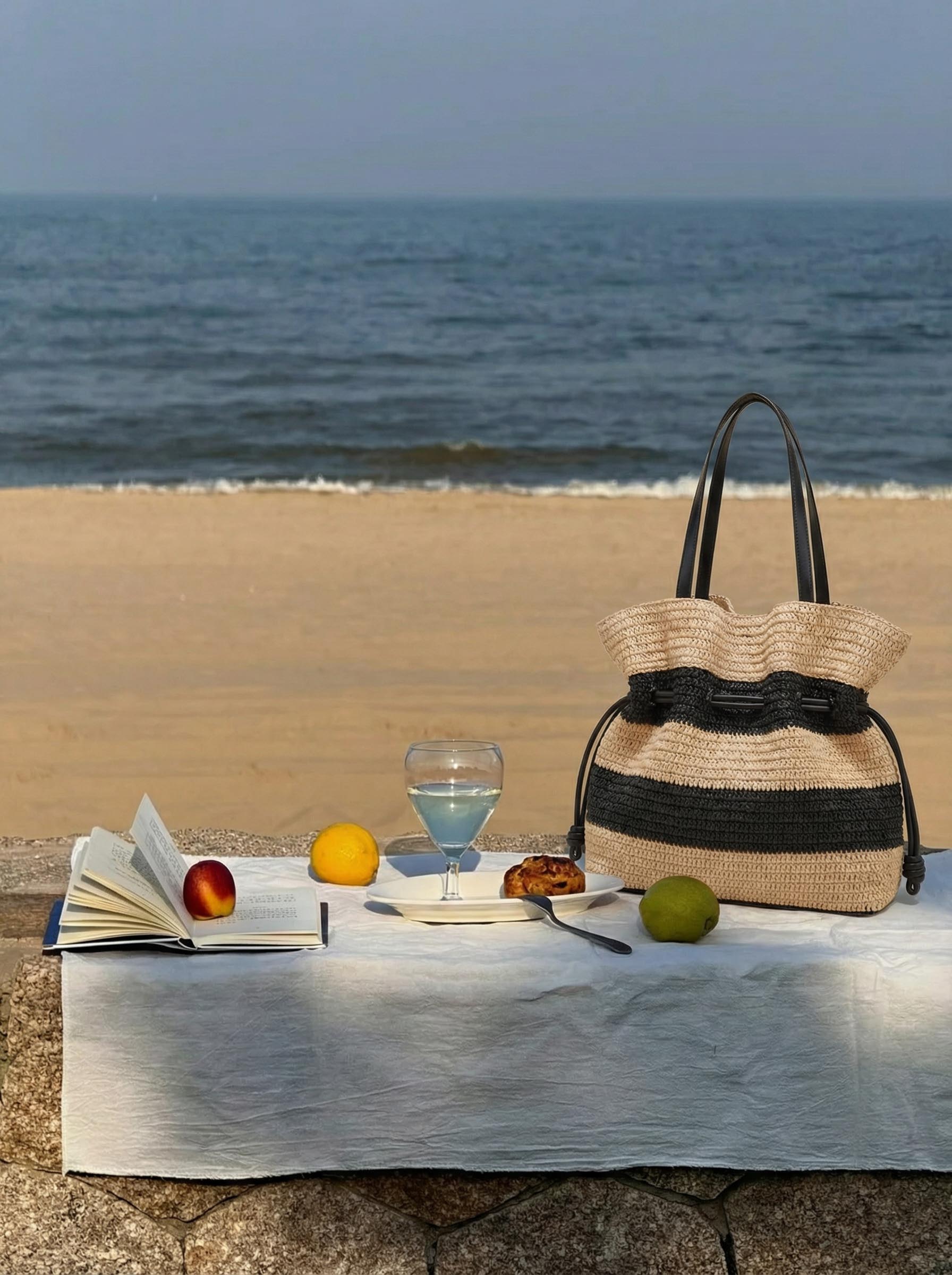 Crochet Woven Drawstring Shoulder Tote Bag