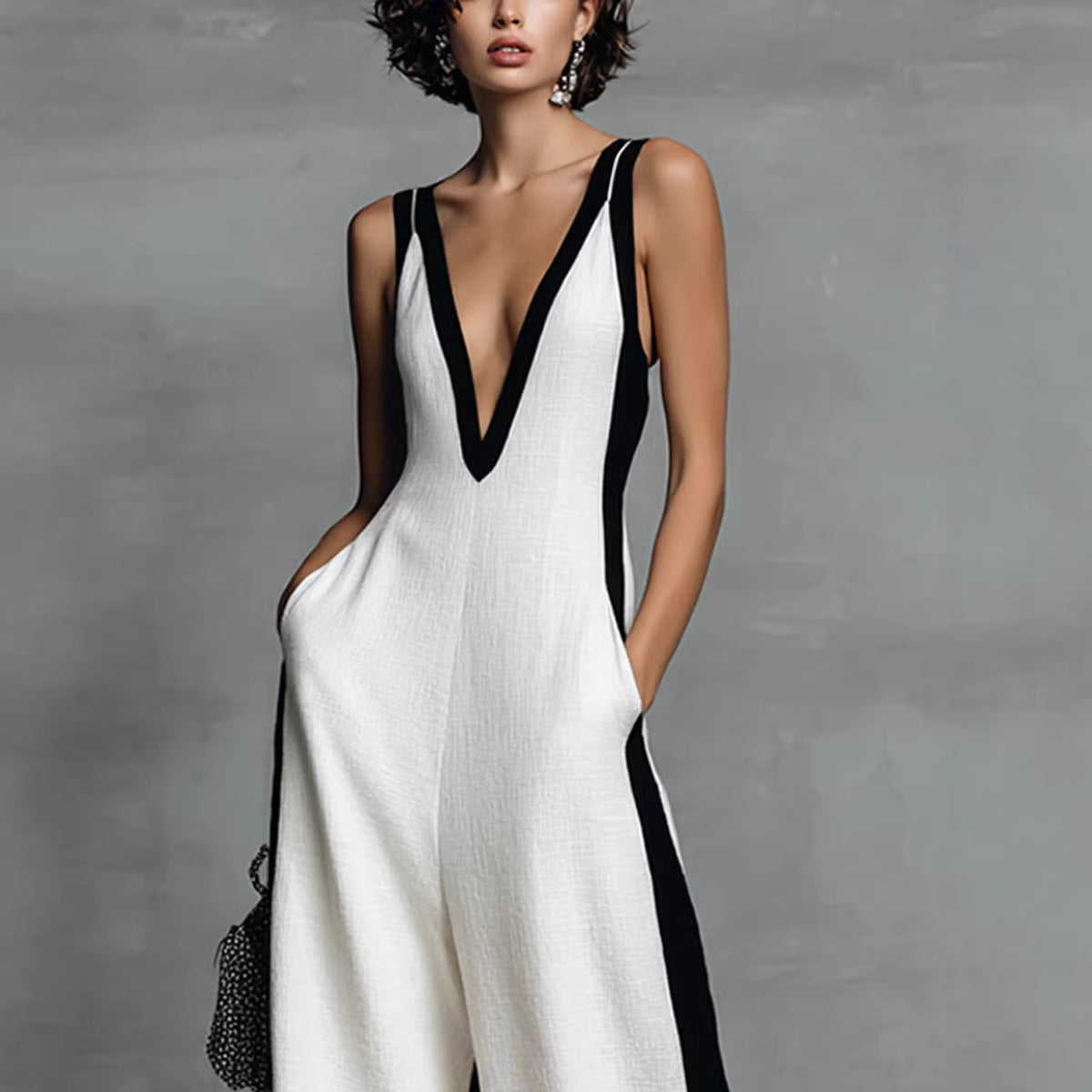 Women's Color-Block Sleeveless V-Neck Wide-Leg Jumpsuit