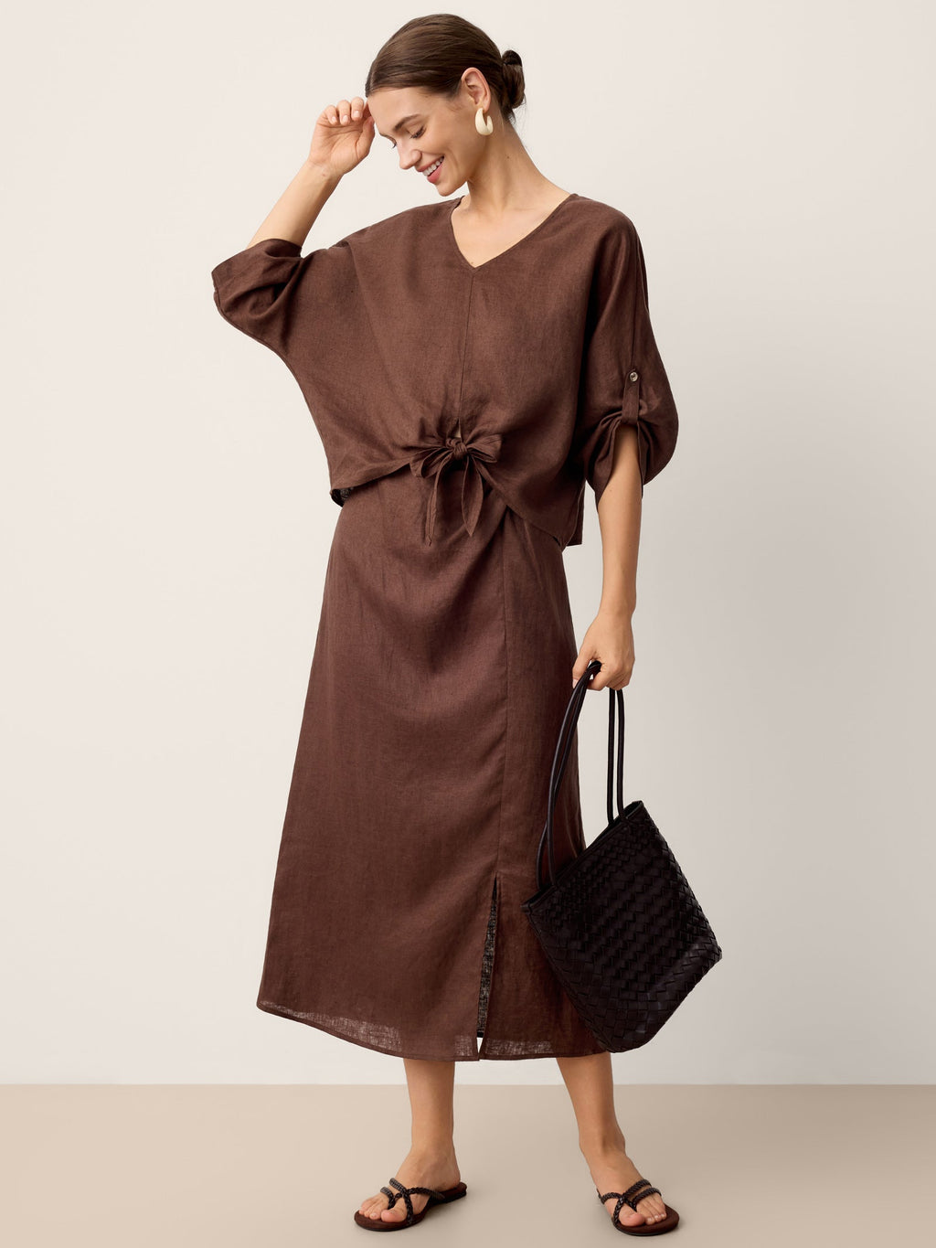 LAVENA 100% LINEN TWIST-HEM BATWING TOP