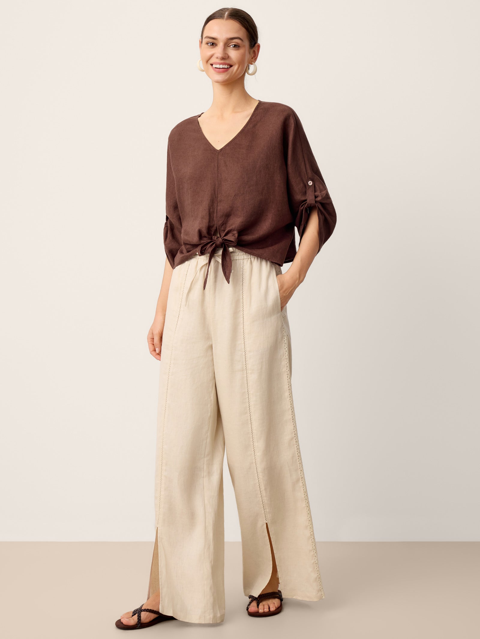 LAVENA 100% LINEN TWIST-HEM BATWING TOP