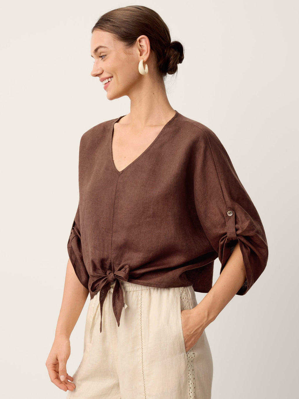 LAVENA 100% LINEN TWIST-HEM BATWING TOP