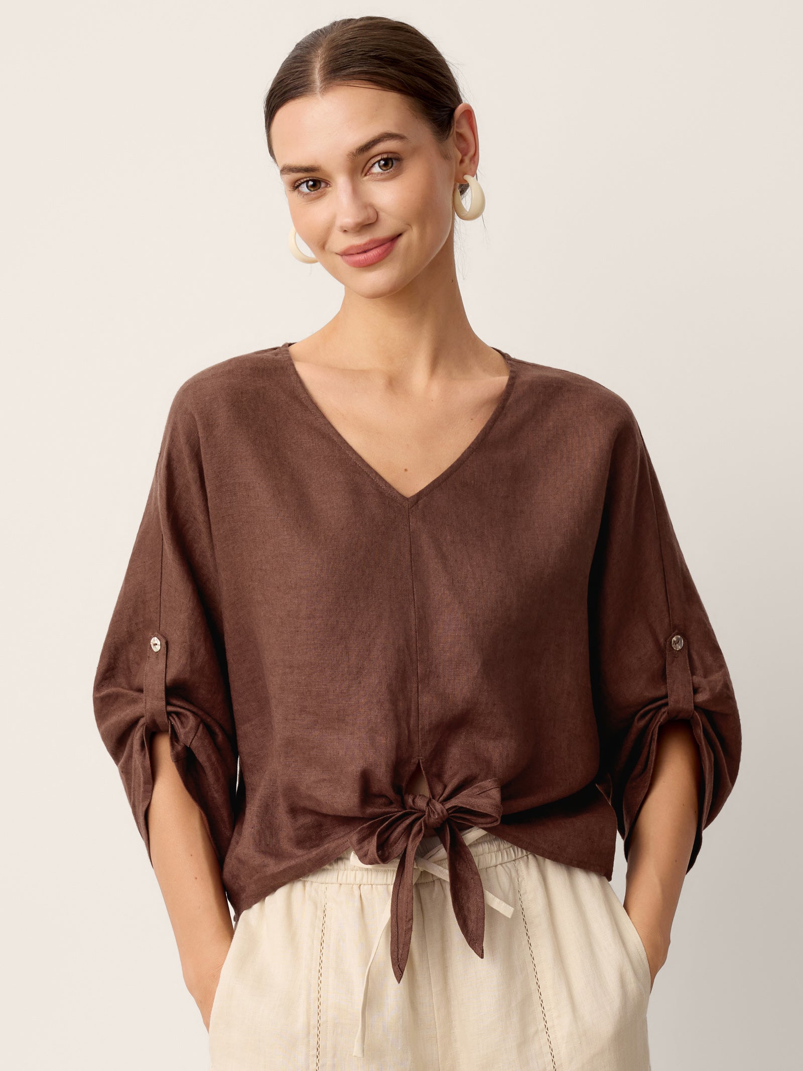 LAVENA 100% LINEN TWIST-HEM BATWING TOP