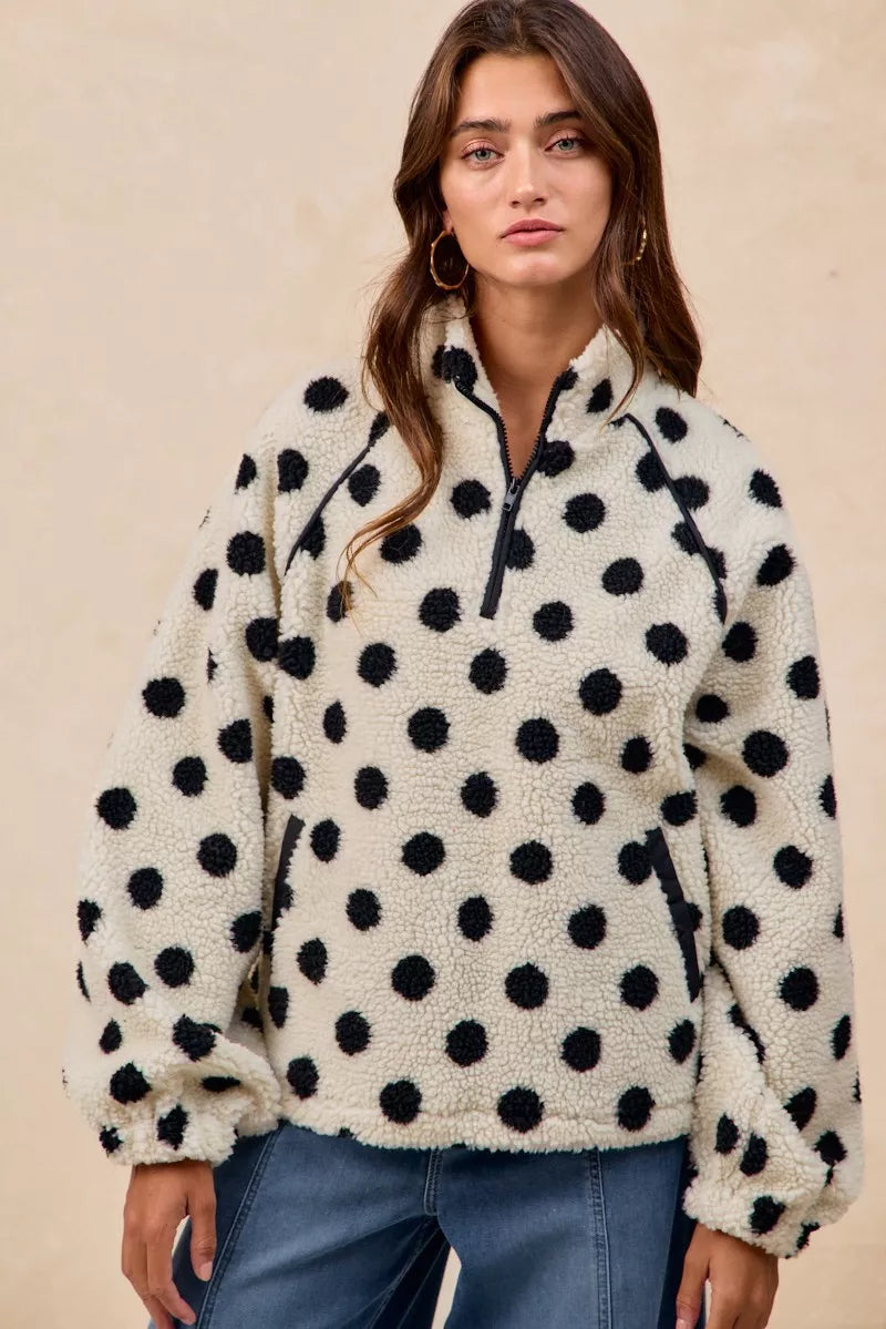 Polka Dot Sherpa Half Zip Up Top with Side Pockets