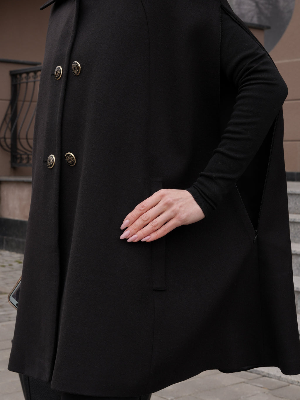 Paris Cashmere Bland Cape Coat in Black