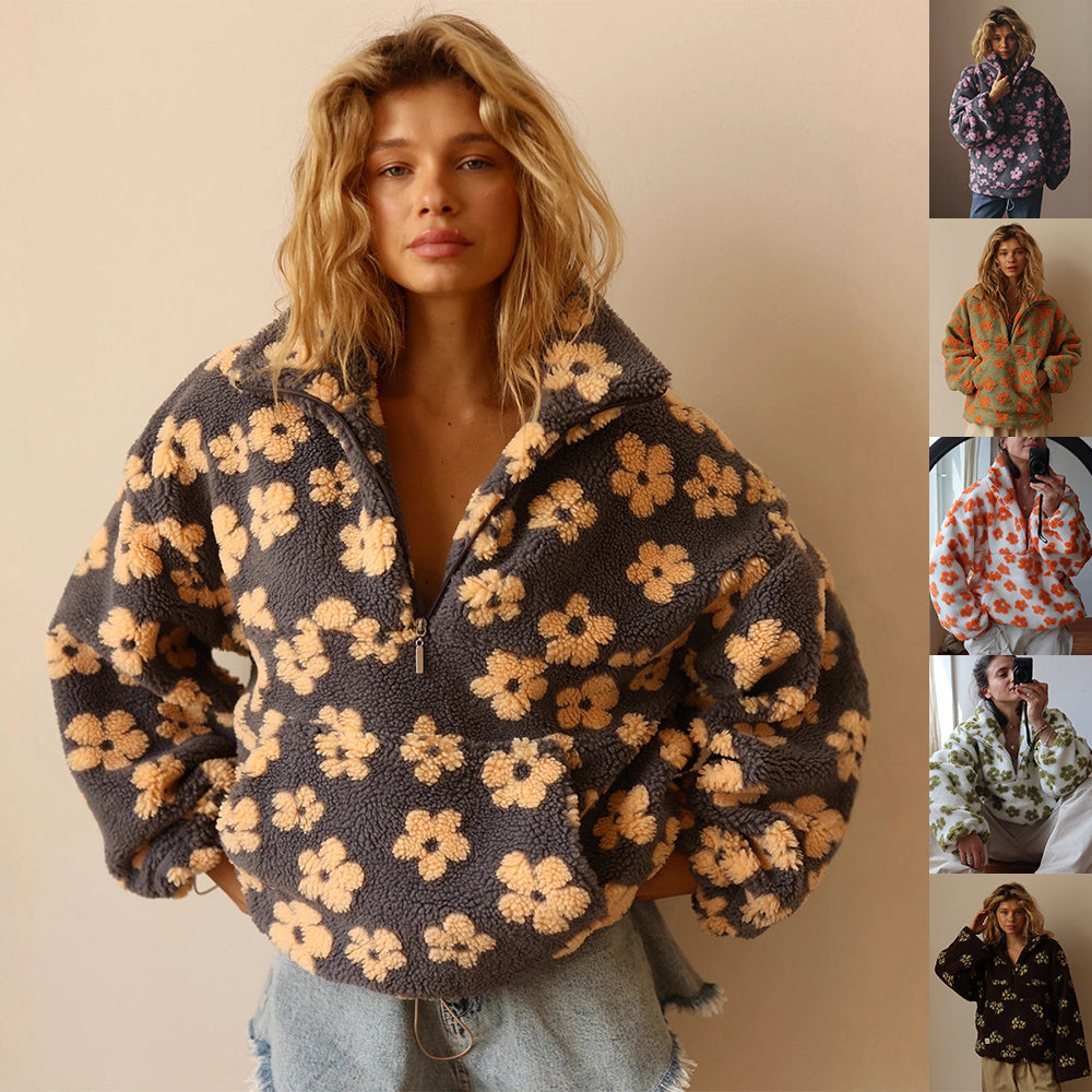 Winter Flowers Cozy Zip-Up Pocket Pullover