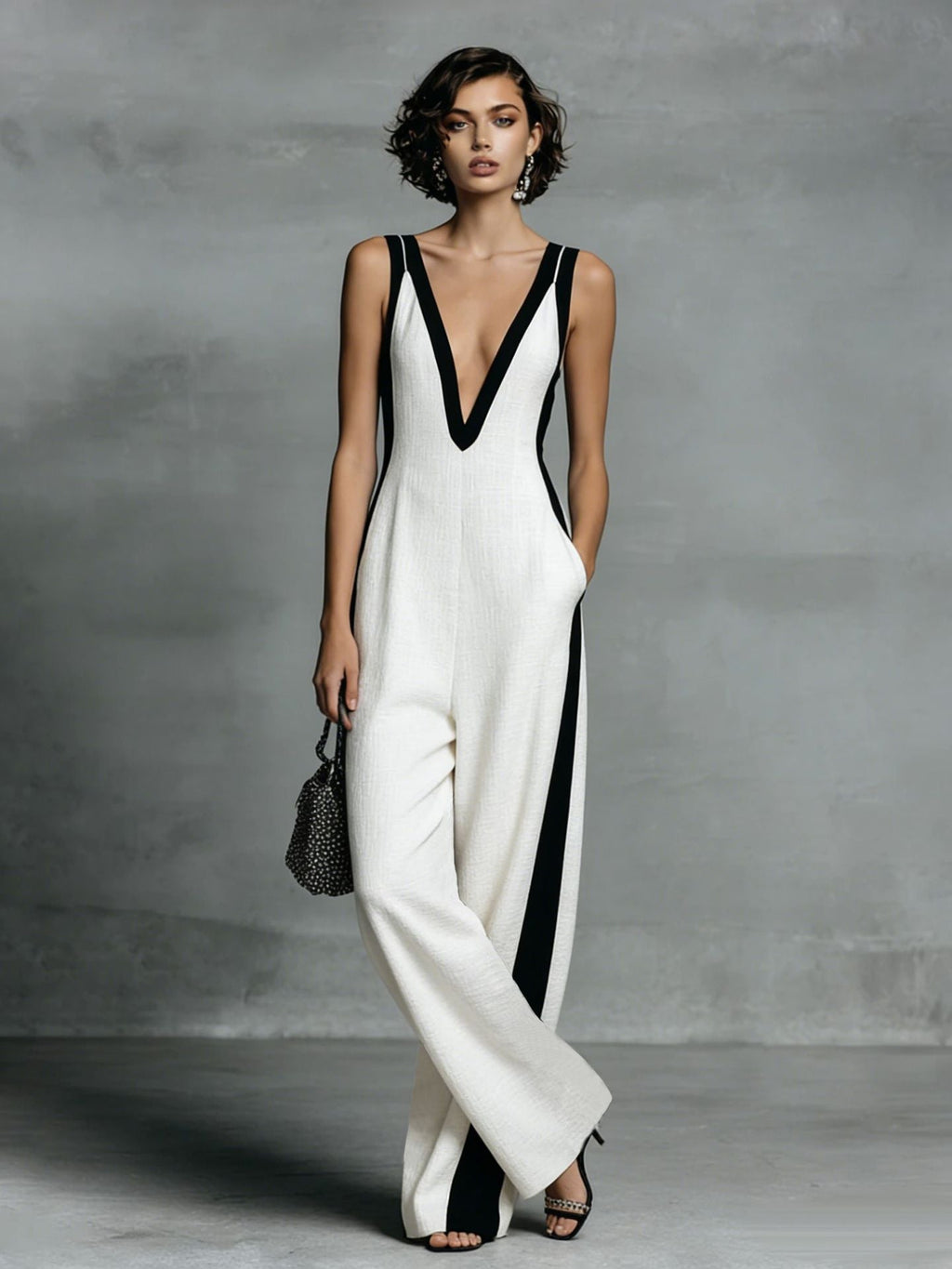 Women's Color-Block Sleeveless V-Neck Wide-Leg Jumpsuit