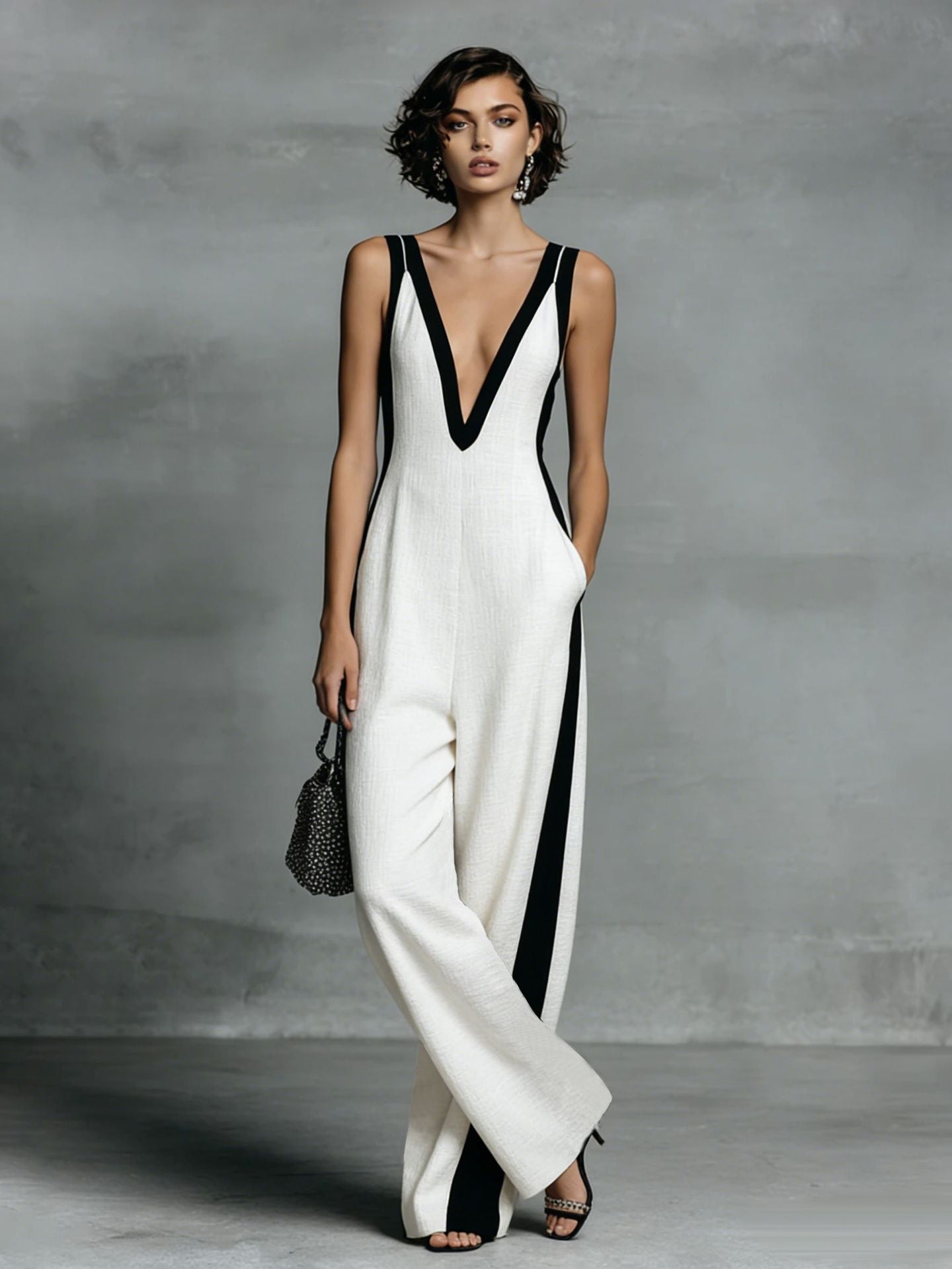 Women's Color-Block Sleeveless V-Neck Wide-Leg Jumpsuit