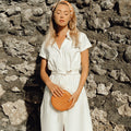 ARYA SAFARI LINEN MIDI DRESS IN OFF WHITE