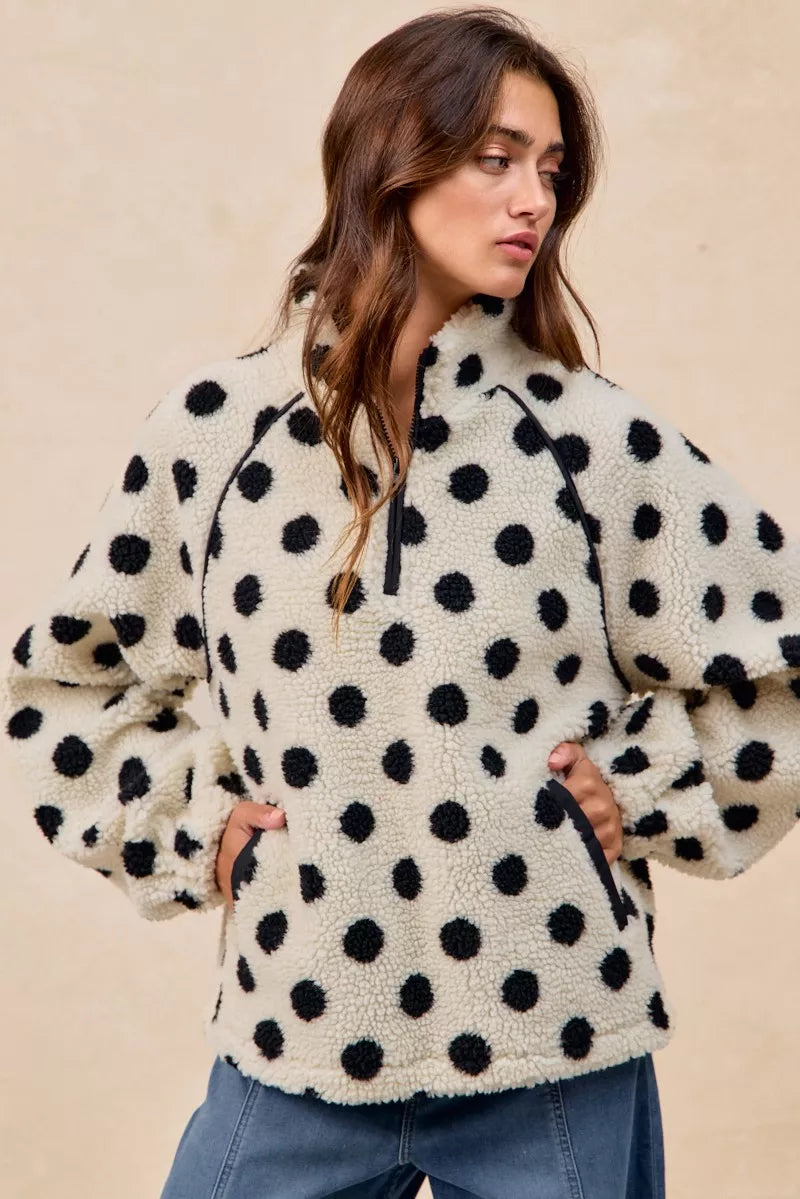 Polka Dot Sherpa Half Zip Up Top with Side Pockets