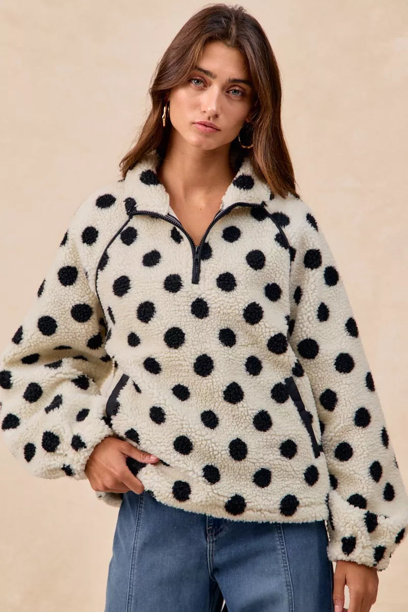 Polka Dot Sherpa Half Zip Up Top with Side Pockets