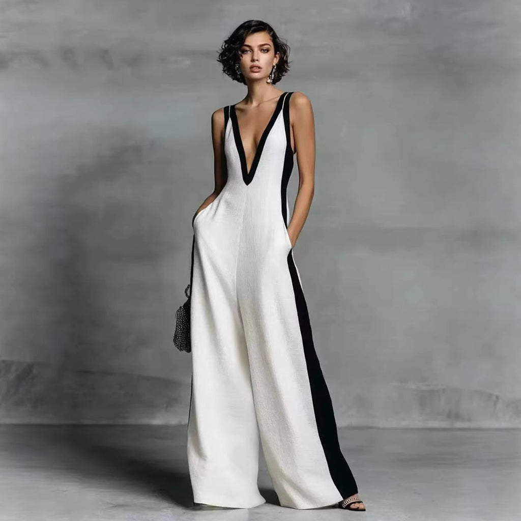 Women's Color-Block Sleeveless V-Neck Wide-Leg Jumpsuit