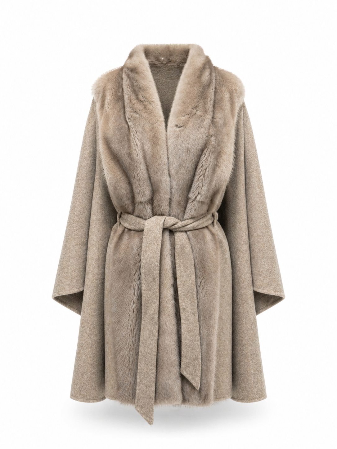 Luxury Double-Face Wool Poncho with Scandinavian Mink Fur