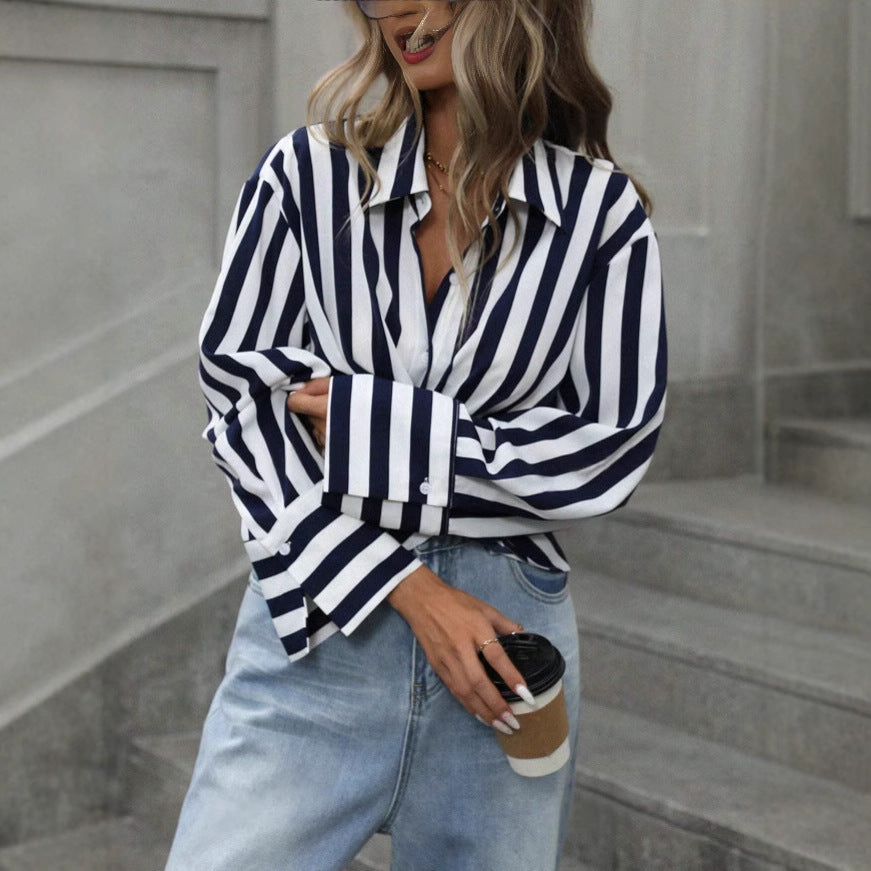 Women's Striped Long-Sleeve Loose Shirt