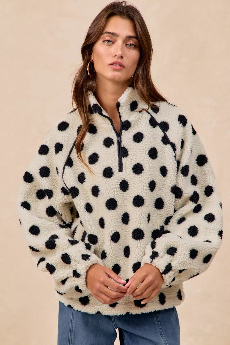 Polka Dot Sherpa Half Zip Up Top with Side Pockets