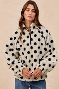 Polka Dot Sherpa Half Zip Up Top with Side Pockets