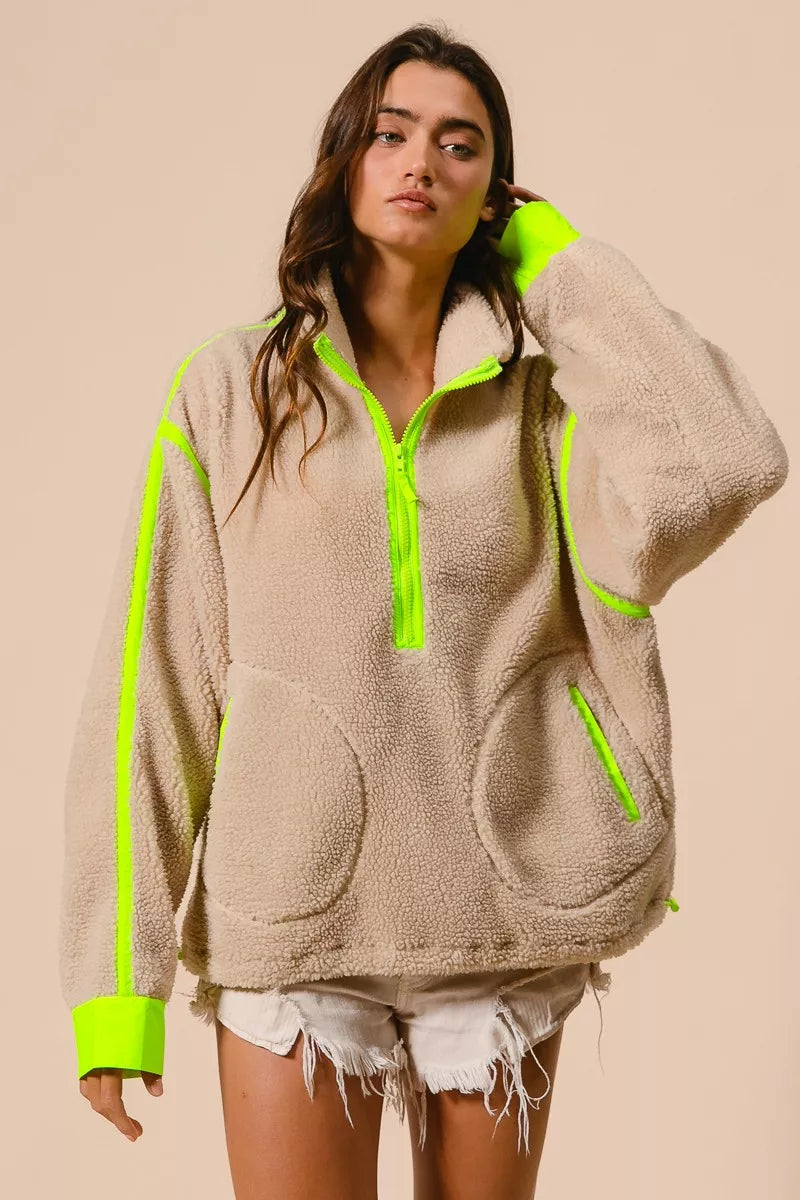 Contrast Edge Half Zip Up Sherpa Jacket