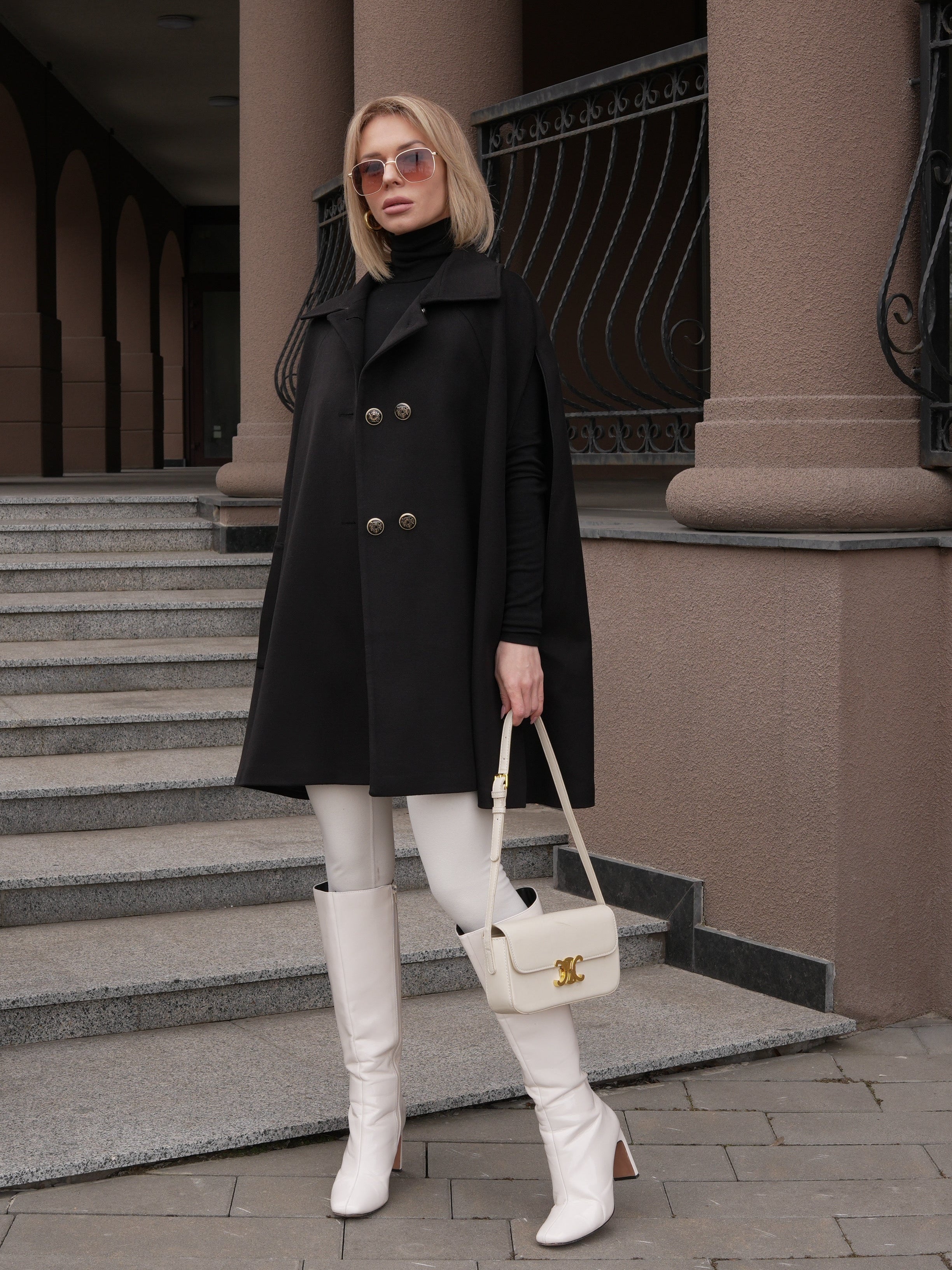 Paris Cashmere Bland Cape Coat in Black