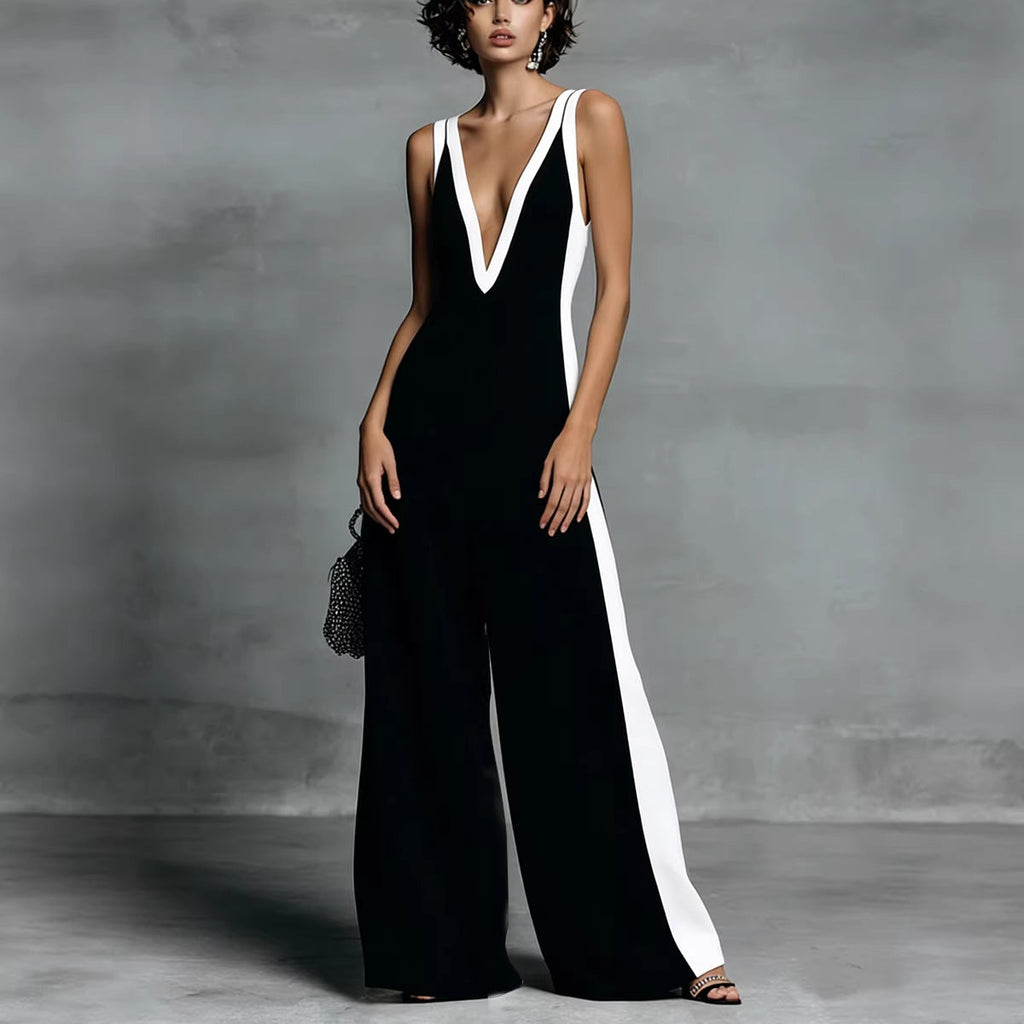 Women's Color-Block Sleeveless V-Neck Wide-Leg Jumpsuit