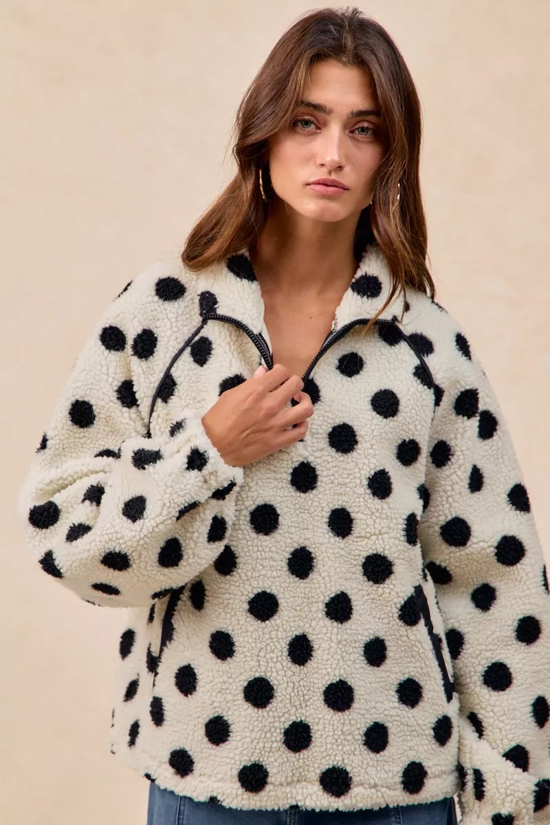 Polka Dot Sherpa Half Zip Up Top with Side Pockets
