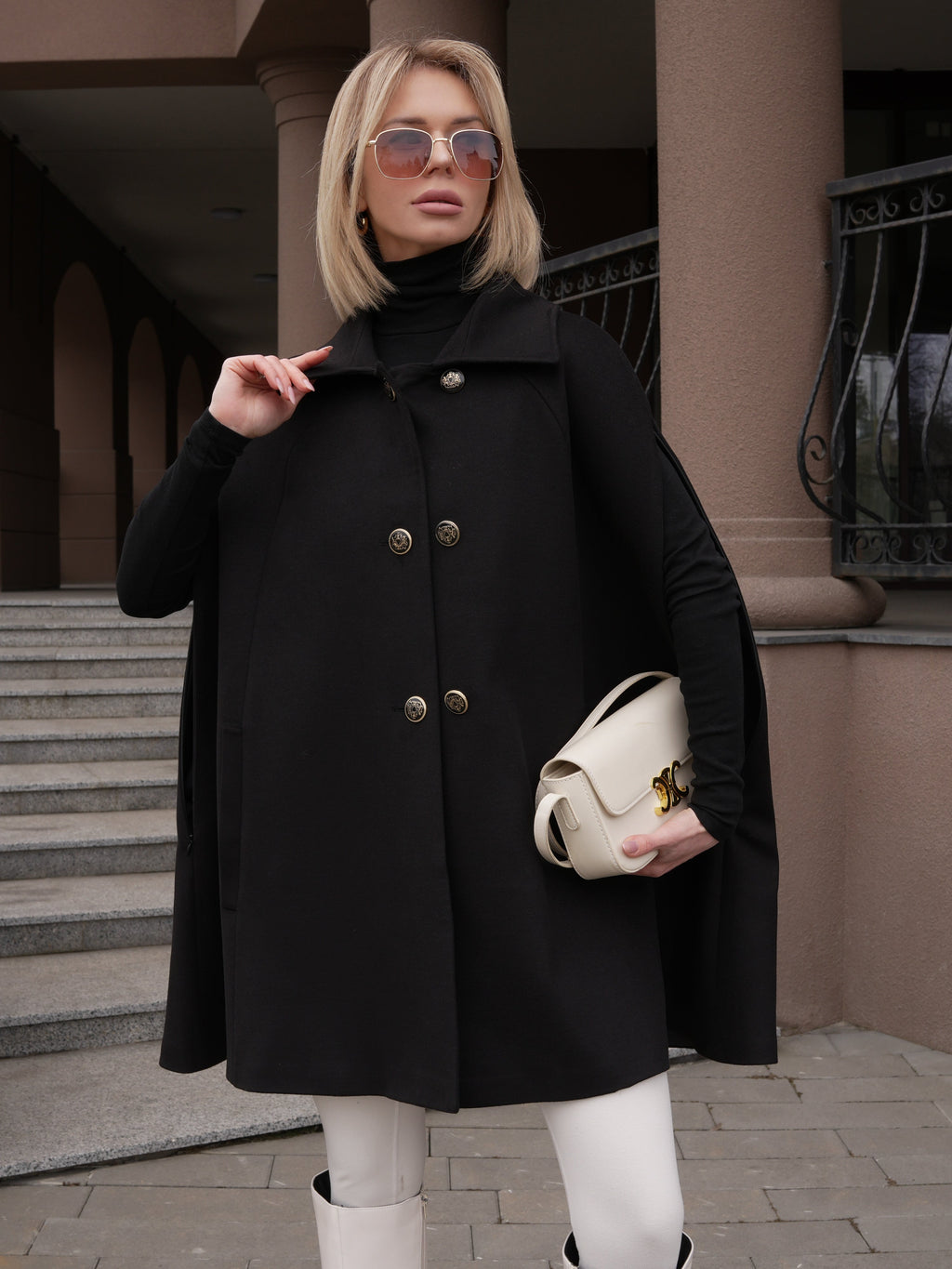 Paris Cashmere Bland Cape Coat in Black