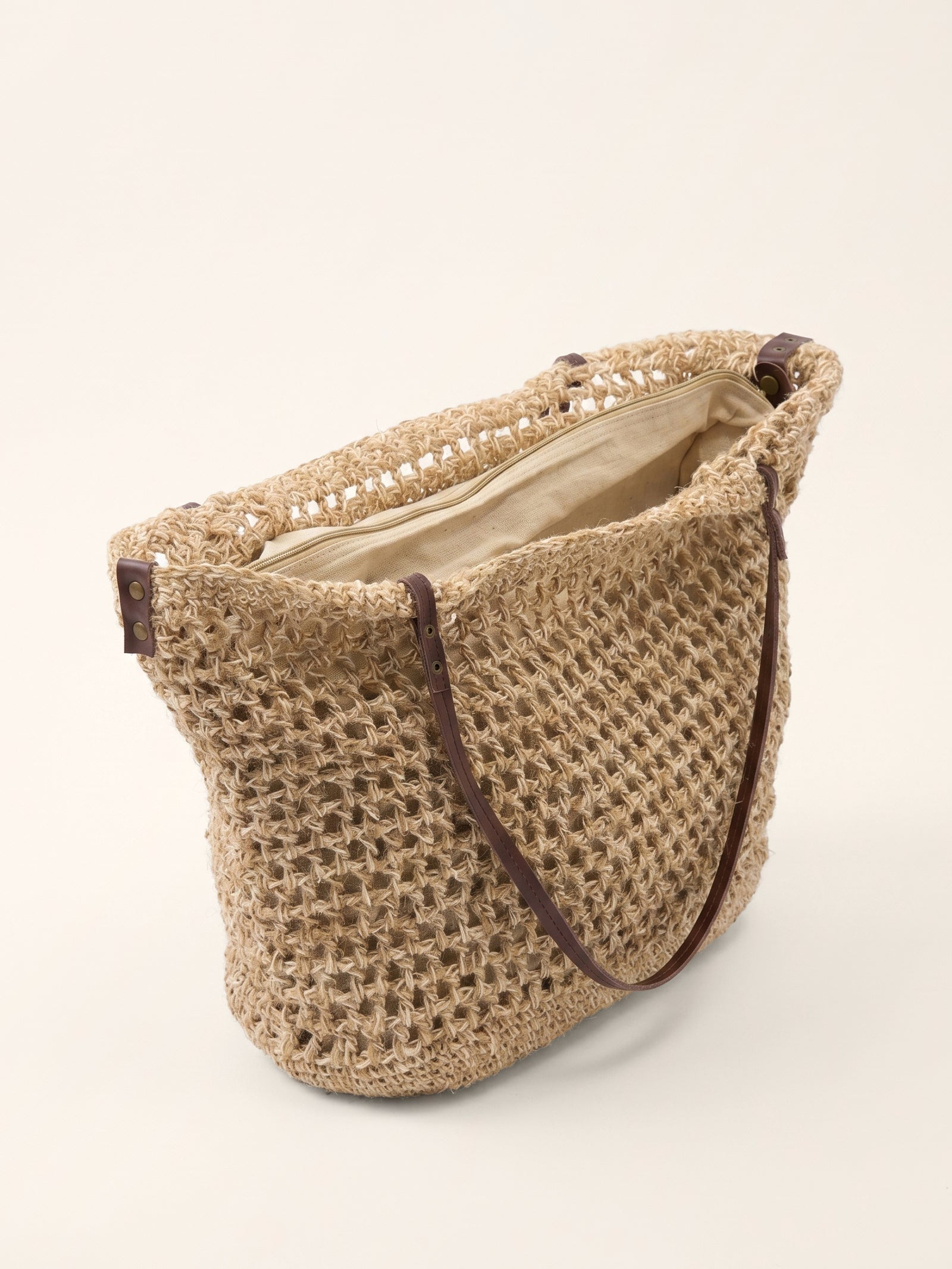 Linen-Cotton Open-Weave Tote Bag With Zip Pouch