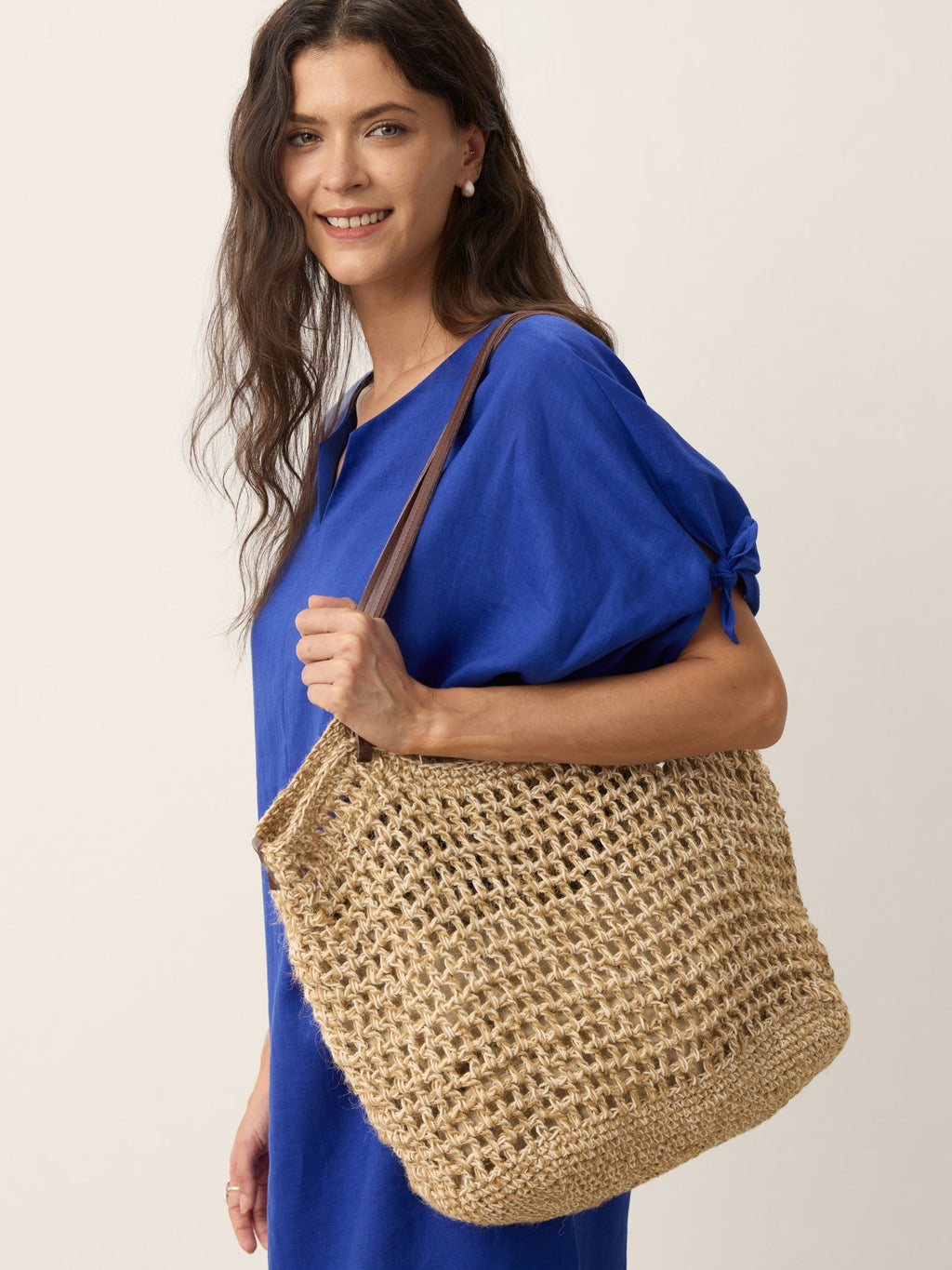 Linen-Cotton Open-Weave Tote Bag With Zip Pouch