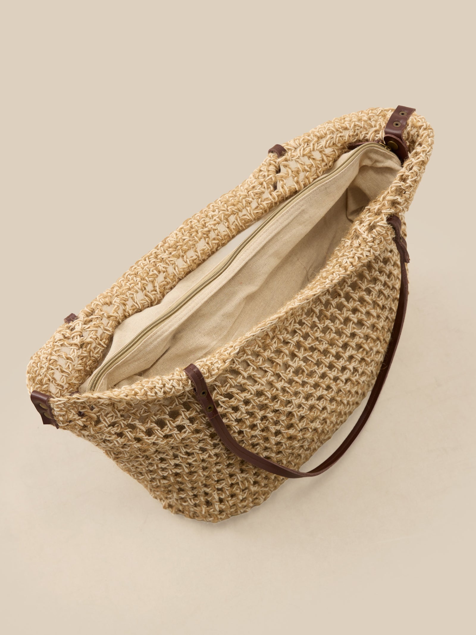 Linen-Cotton Open-Weave Tote Bag With Zip Pouch
