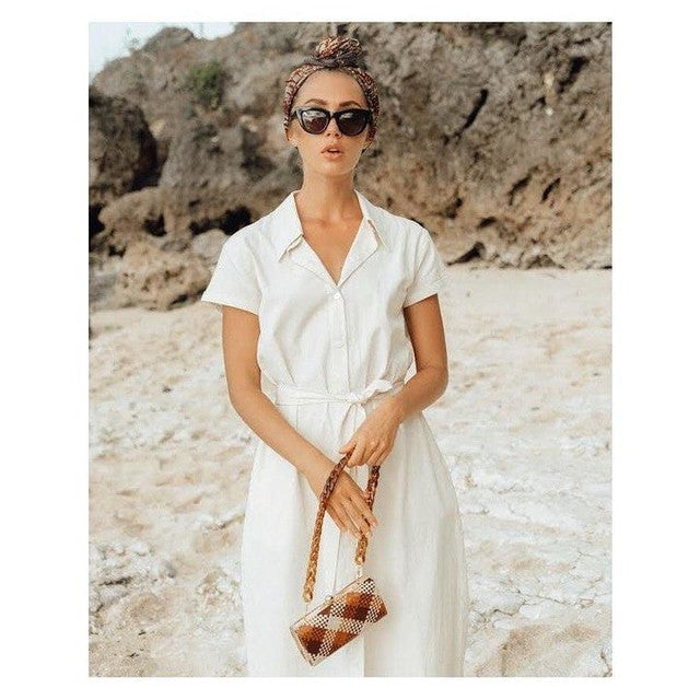ARYA SAFARI LINEN MIDI DRESS IN OFF WHITE