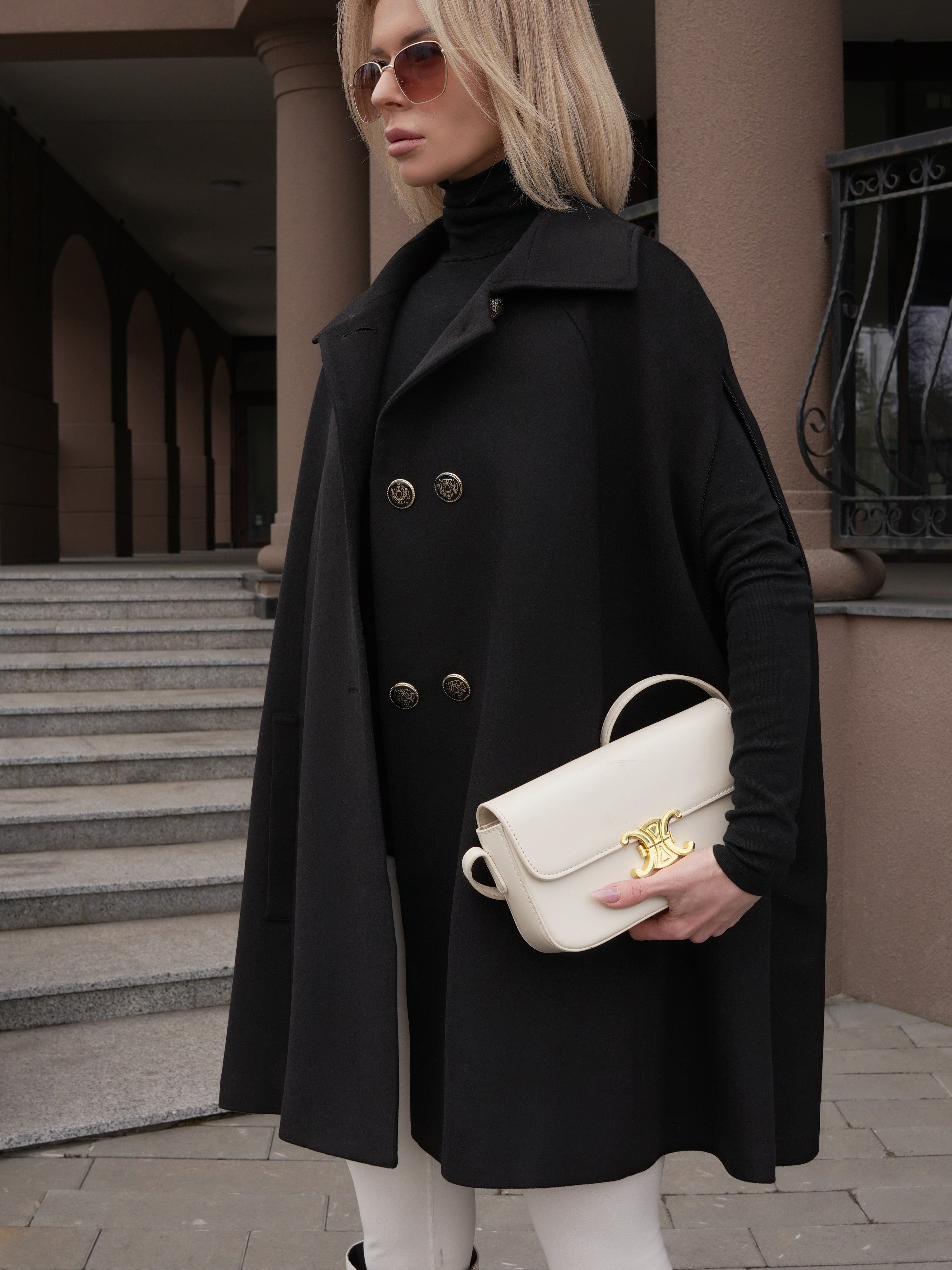Paris Cashmere Bland Cape Coat in Black