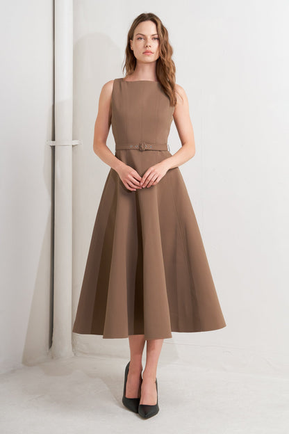 LIVING THE DREAM BROWN WOVEN MIDI DRESS