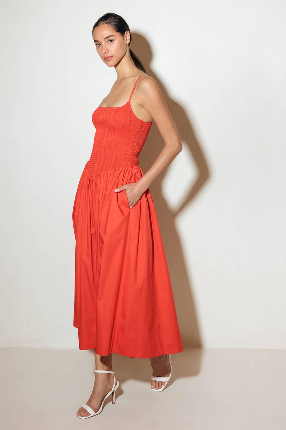 MOVE WITH INTENTION RED WOVEN MIDI DRESS