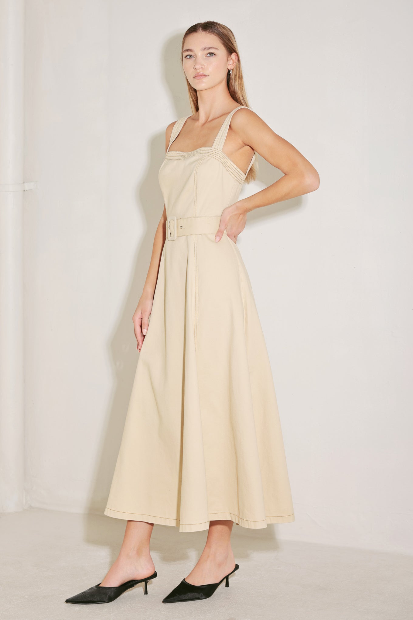 ELEVATED NEUTRAL WOVEN MIDI DRESS