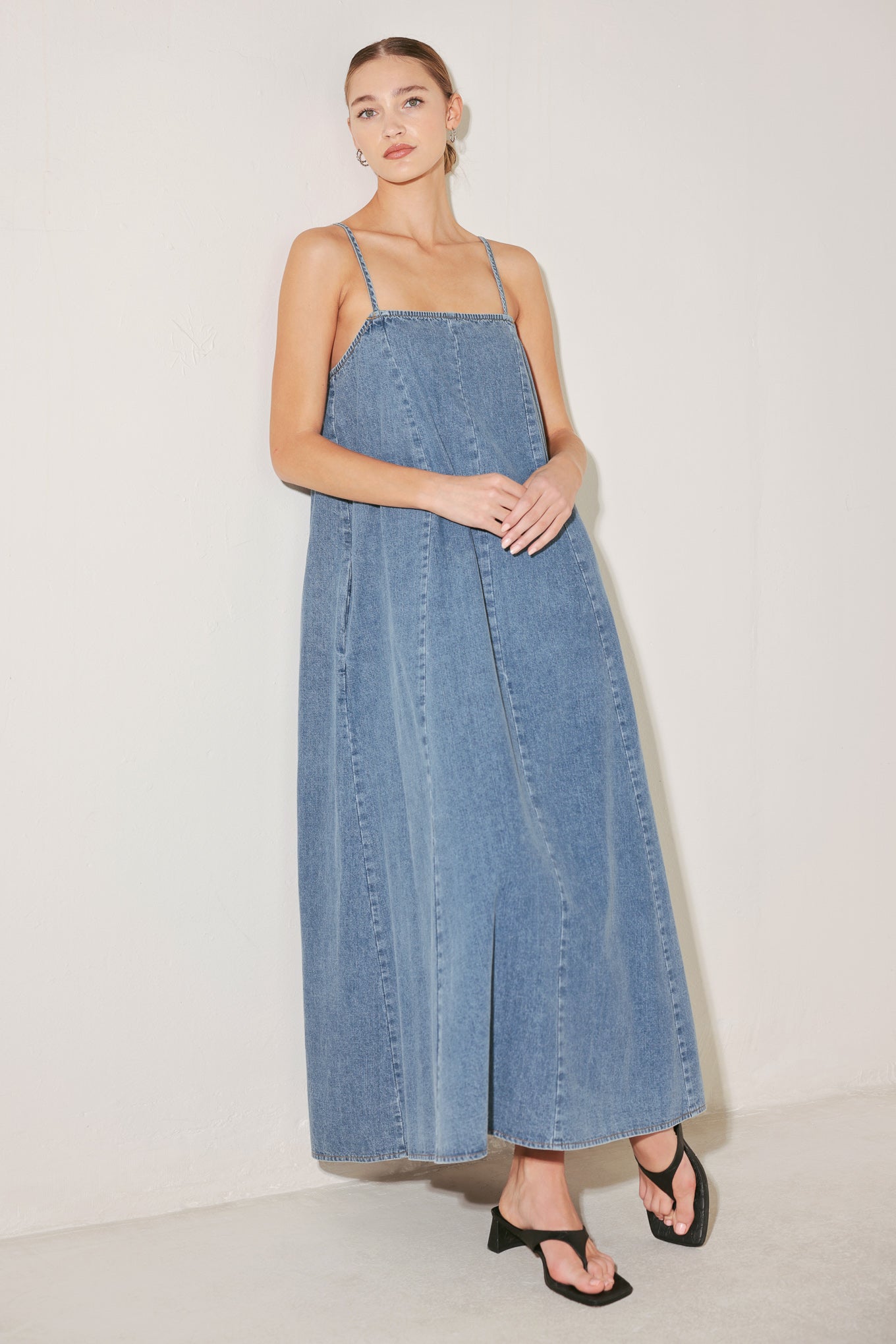 lightweight denim midi dress Lightweight Denim Short Sleeve Tiered Midi Dress