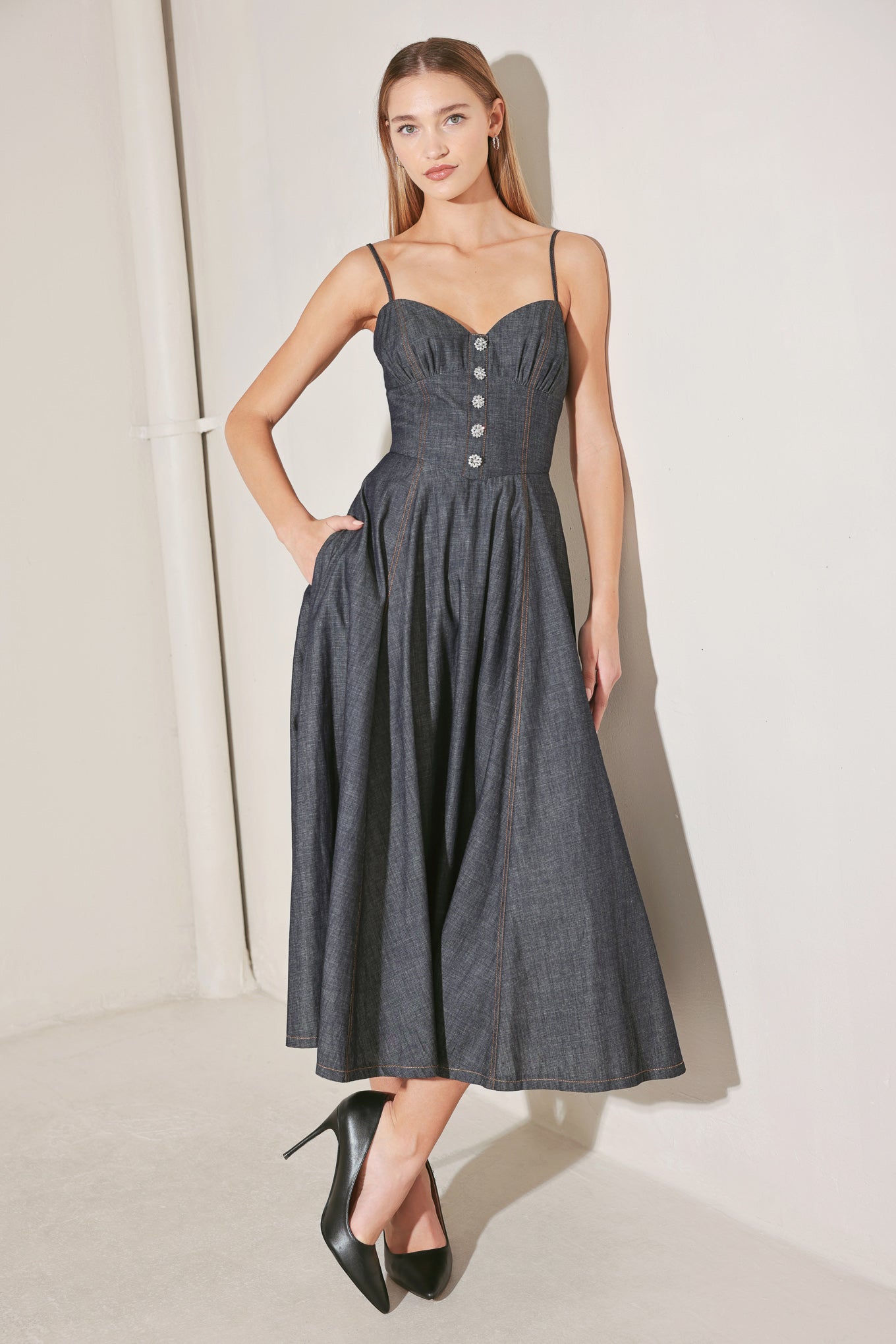 AFTER HOURS SERENADE DENIM MIDI DRESS