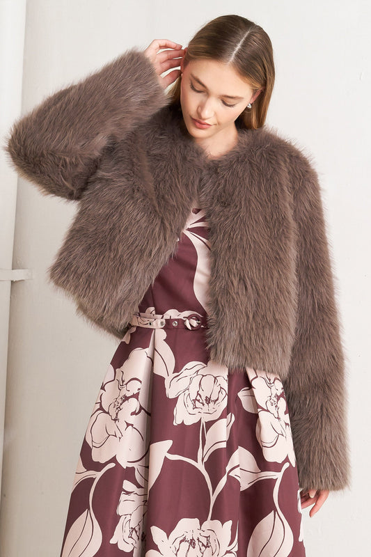 LONDON FLARE MOCHA FAUX FUR CROP JACKET