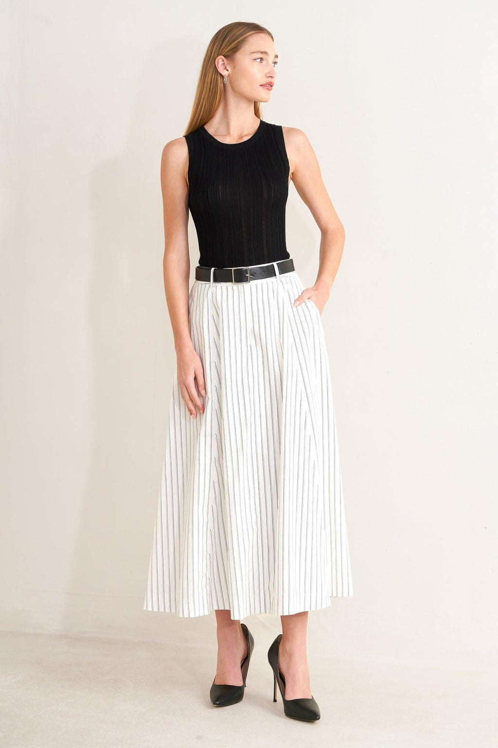 UPTOWN STRIPE WOVEN MIDI CIRCLE SKIRT