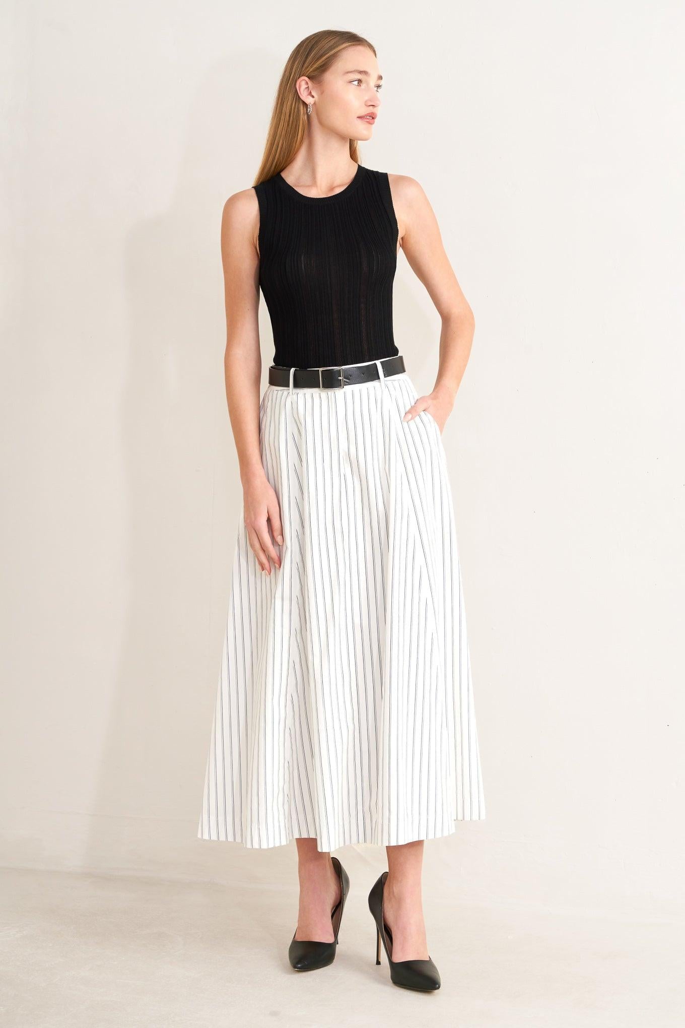 UPTOWN STRIPE WOVEN MIDI CIRCLE SKIRT