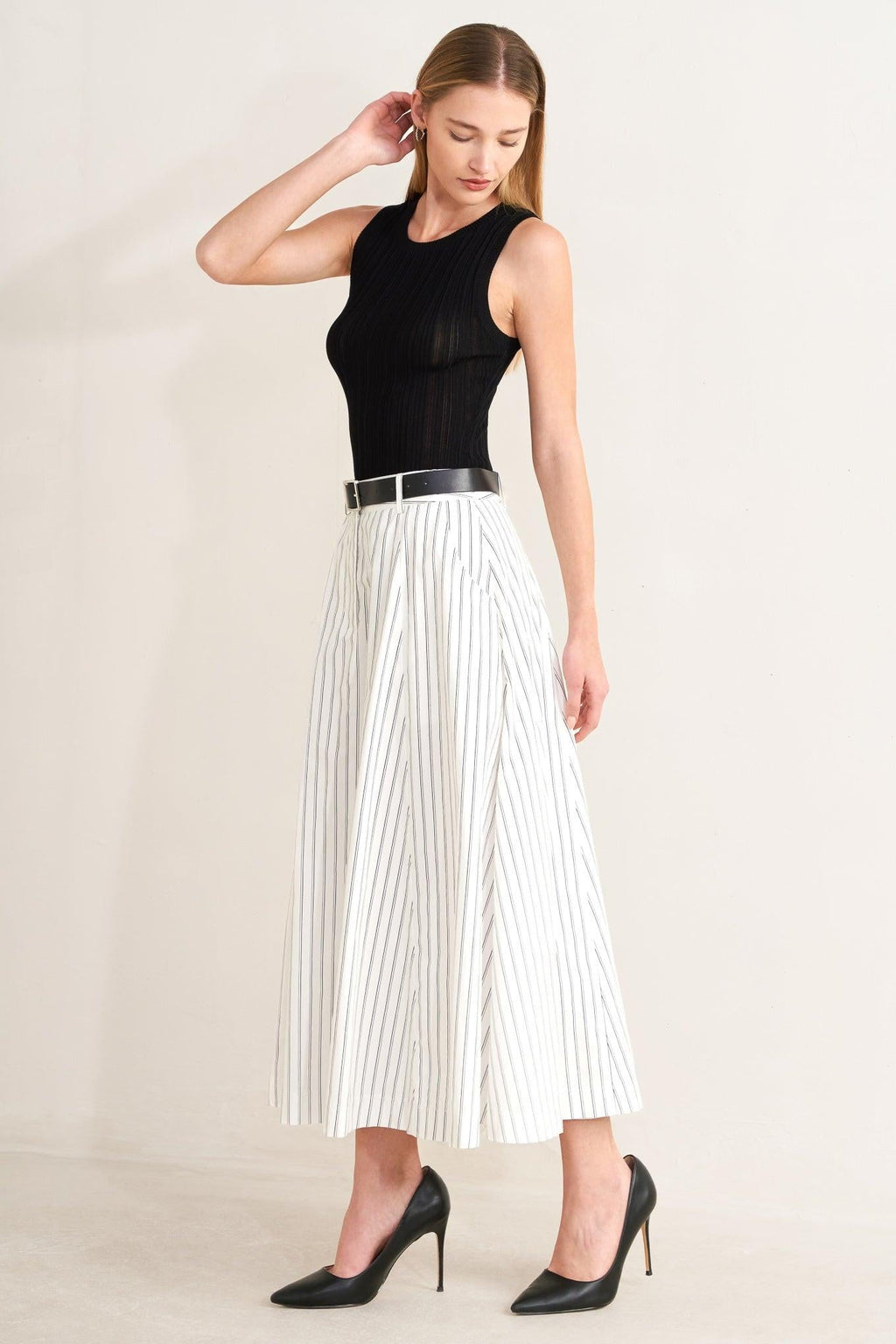 UPTOWN STRIPE WOVEN MIDI CIRCLE SKIRT