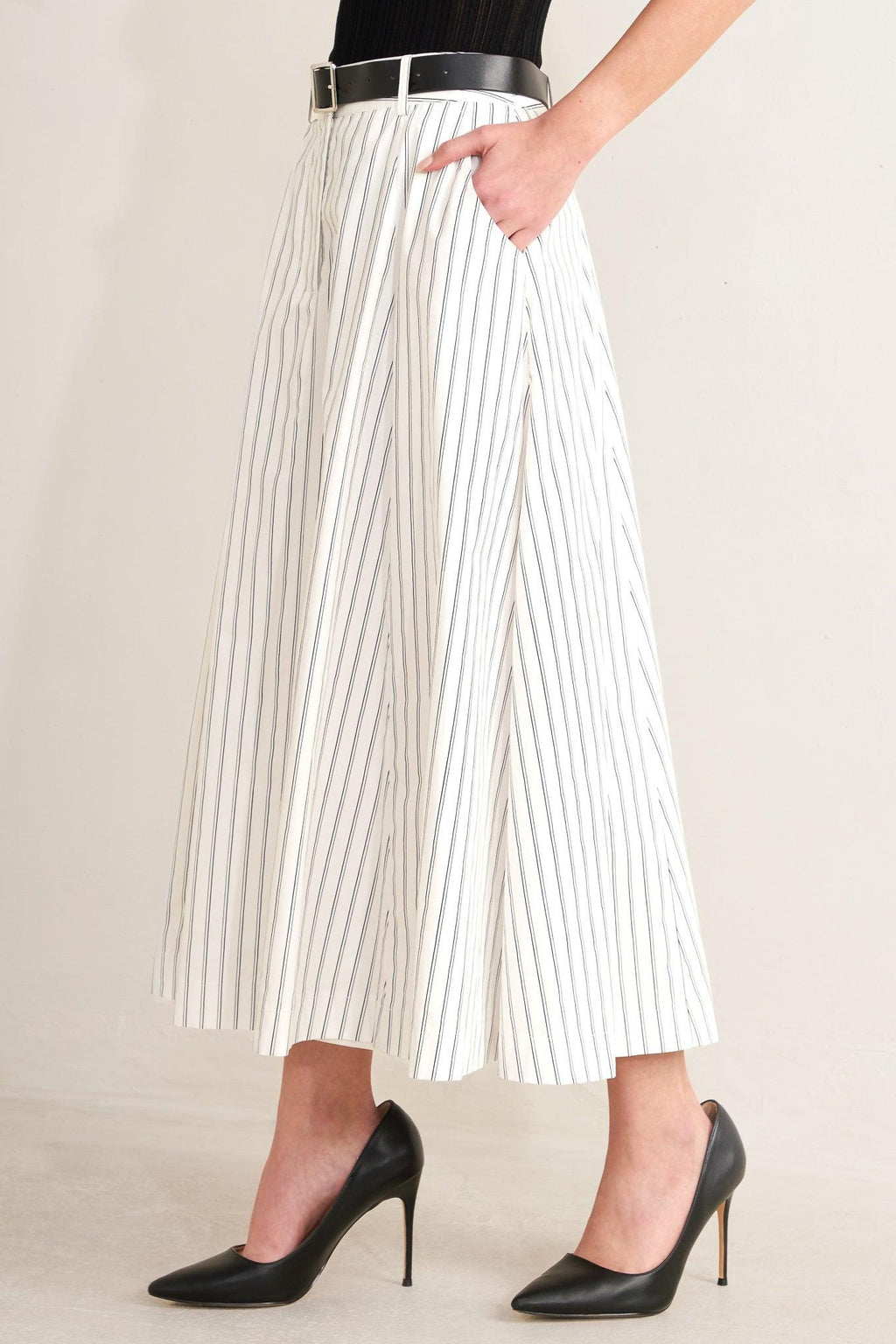UPTOWN STRIPE WOVEN MIDI CIRCLE SKIRT