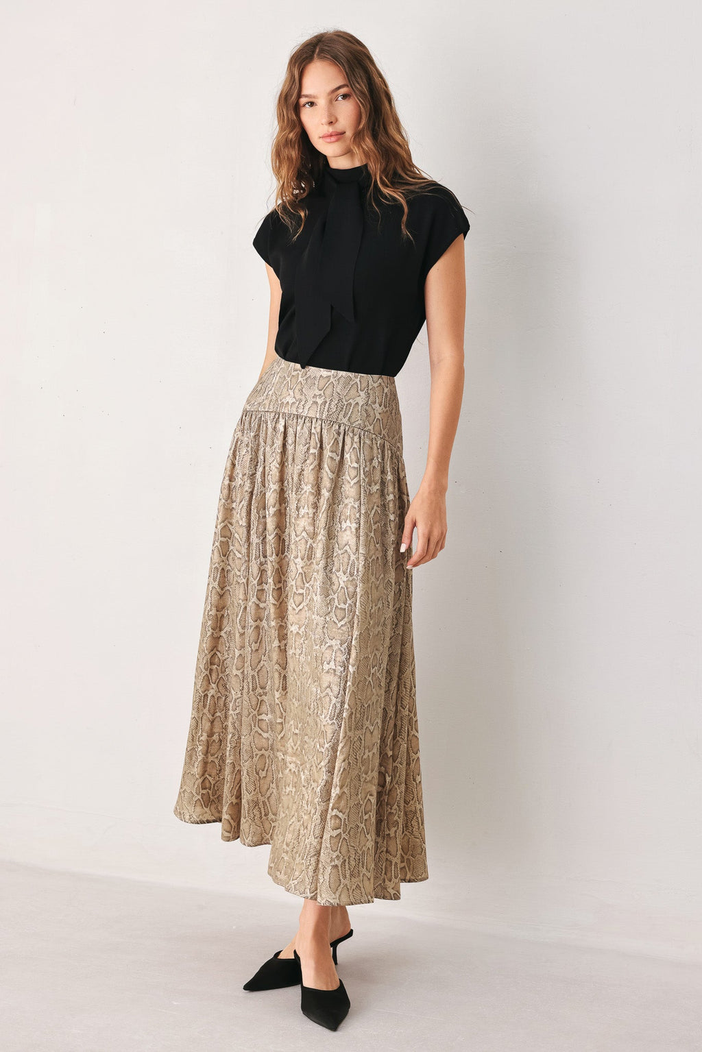 SERPENTINE TAUPE SNAKESKIN MIDI SKIRT