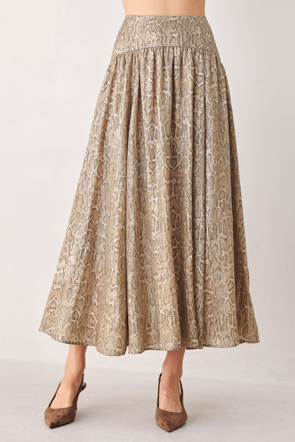 SERPENTINE TAUPE SNAKESKIN MIDI SKIRT