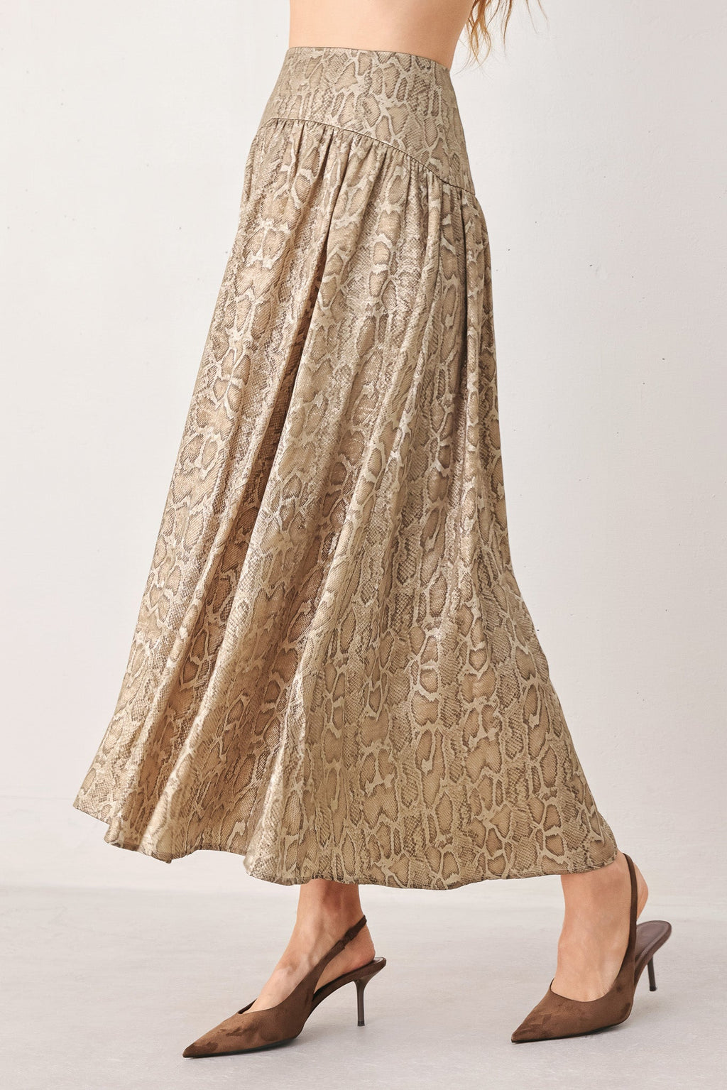 SERPENTINE TAUPE SNAKESKIN MIDI SKIRT