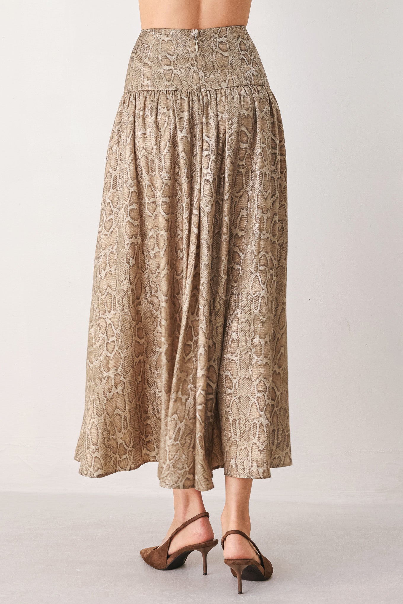 SERPENTINE TAUPE SNAKESKIN MIDI SKIRT