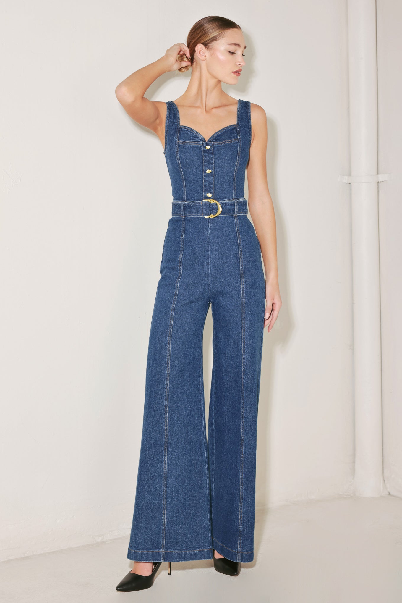 Denim Jumpsuit with Sweetheart Neckline | Wide Leg | Flying Tomato