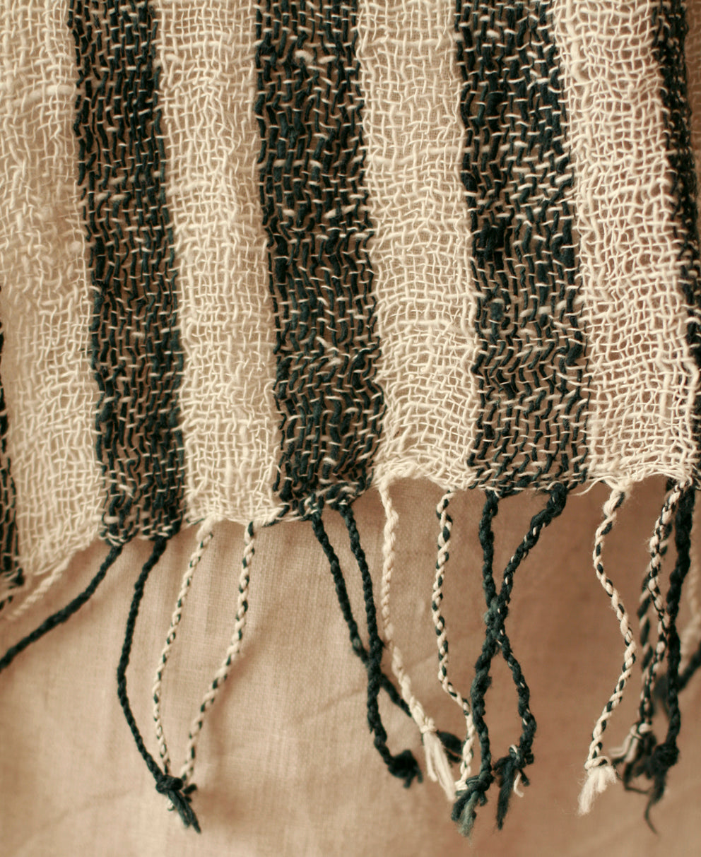 FATIMA HAND-LOOMED RAW COTTON SCARF IN BLACK