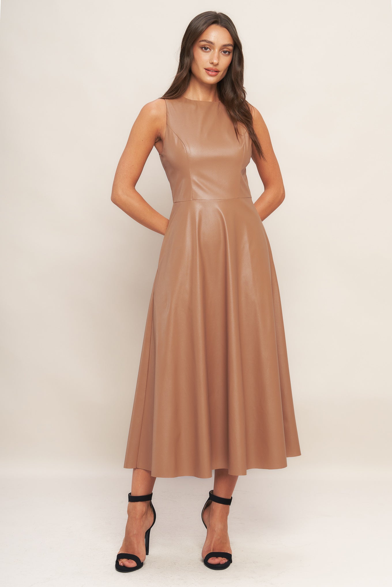 Bare Sophistique Faux Leather Midi Dress CAMEL / M Bare Sophistique Faux Leather Midi Dress CAMEL / M