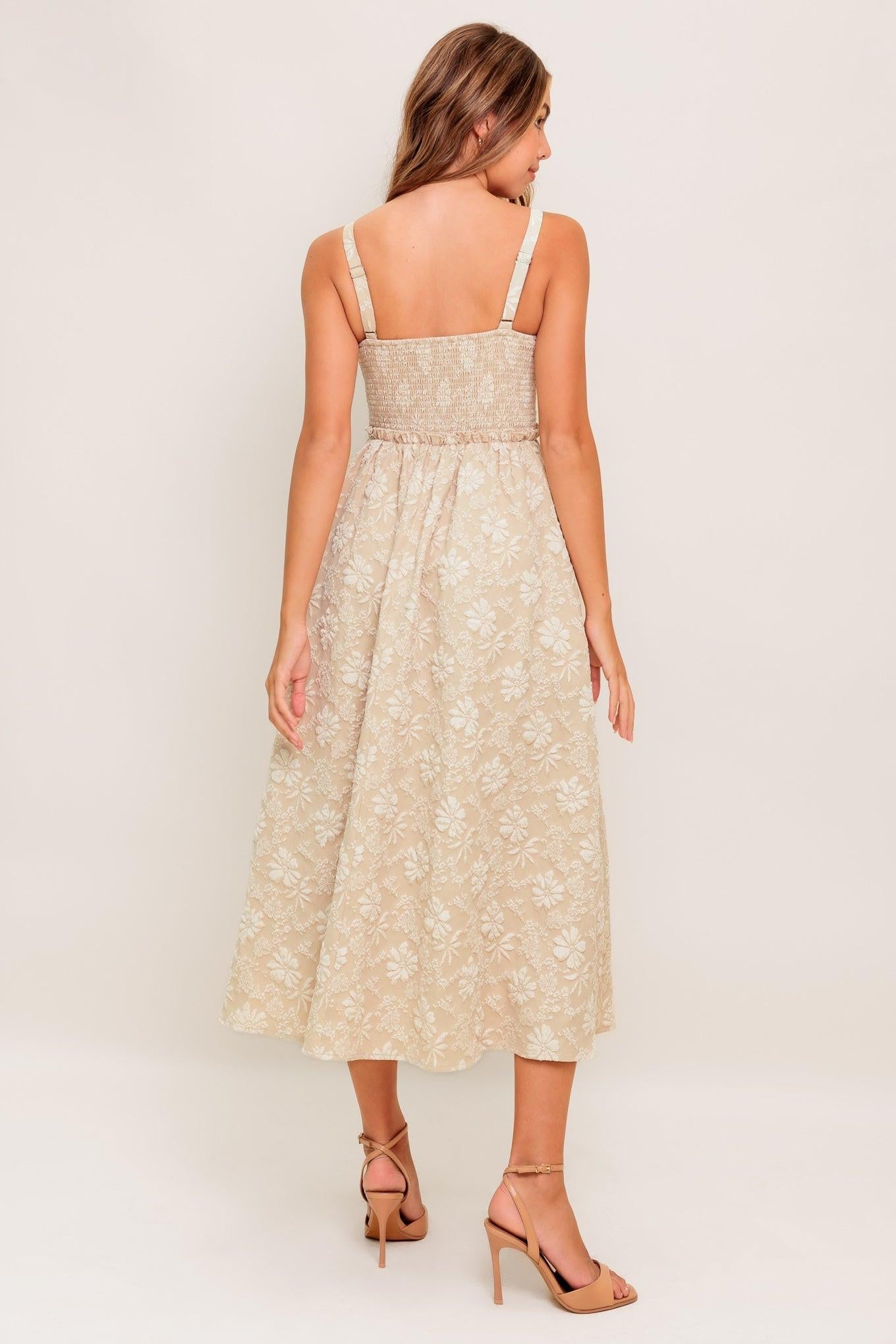 SOFT SUNSET STORY WOVEN MIDI DRESS